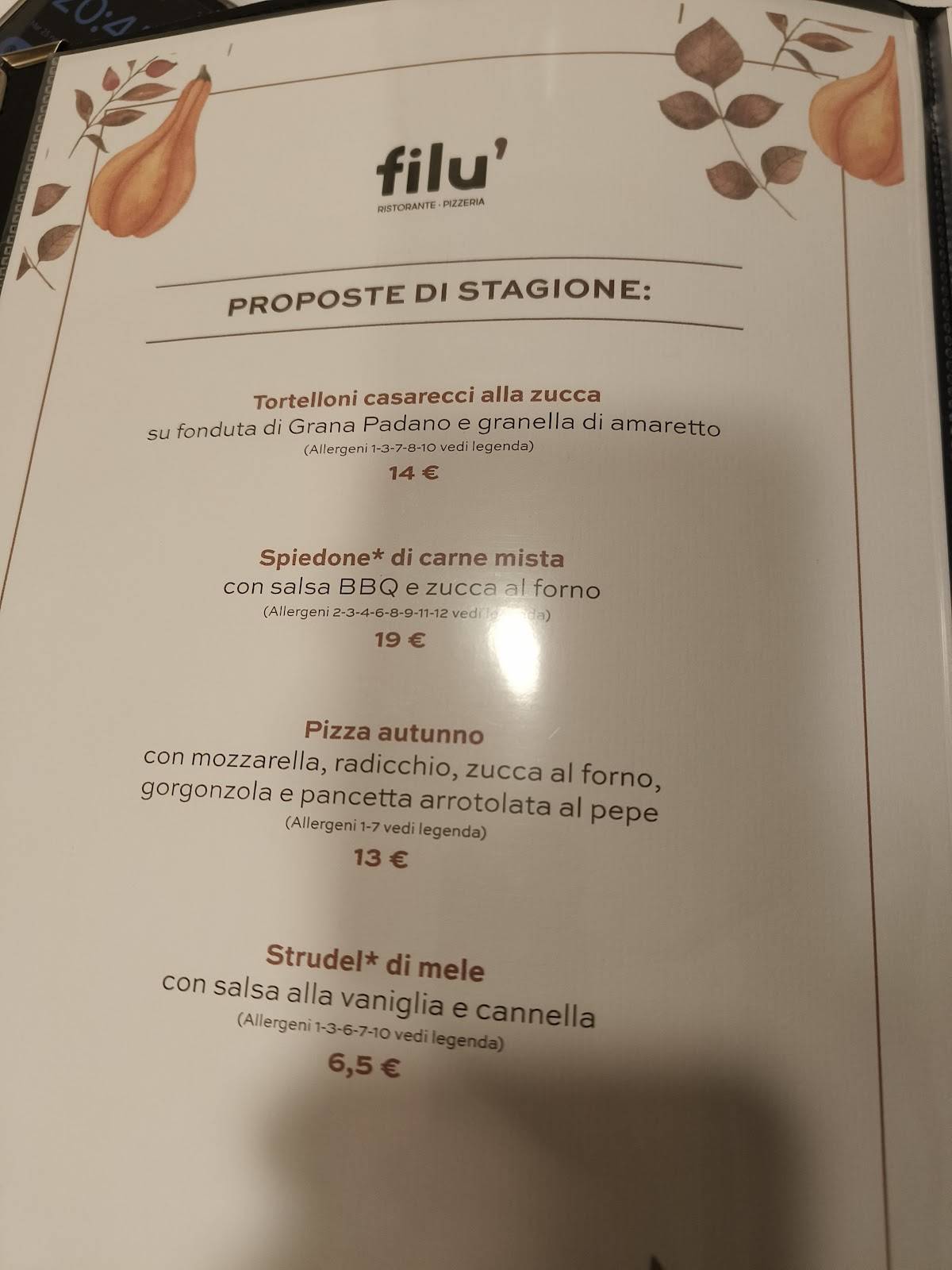 Menu di Ristorante Pizzeria Filù 