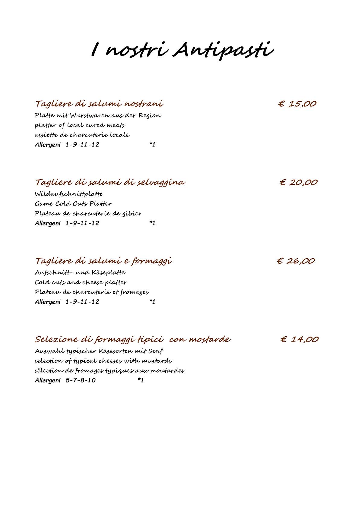 Menu di La Cicala e La Fenice 