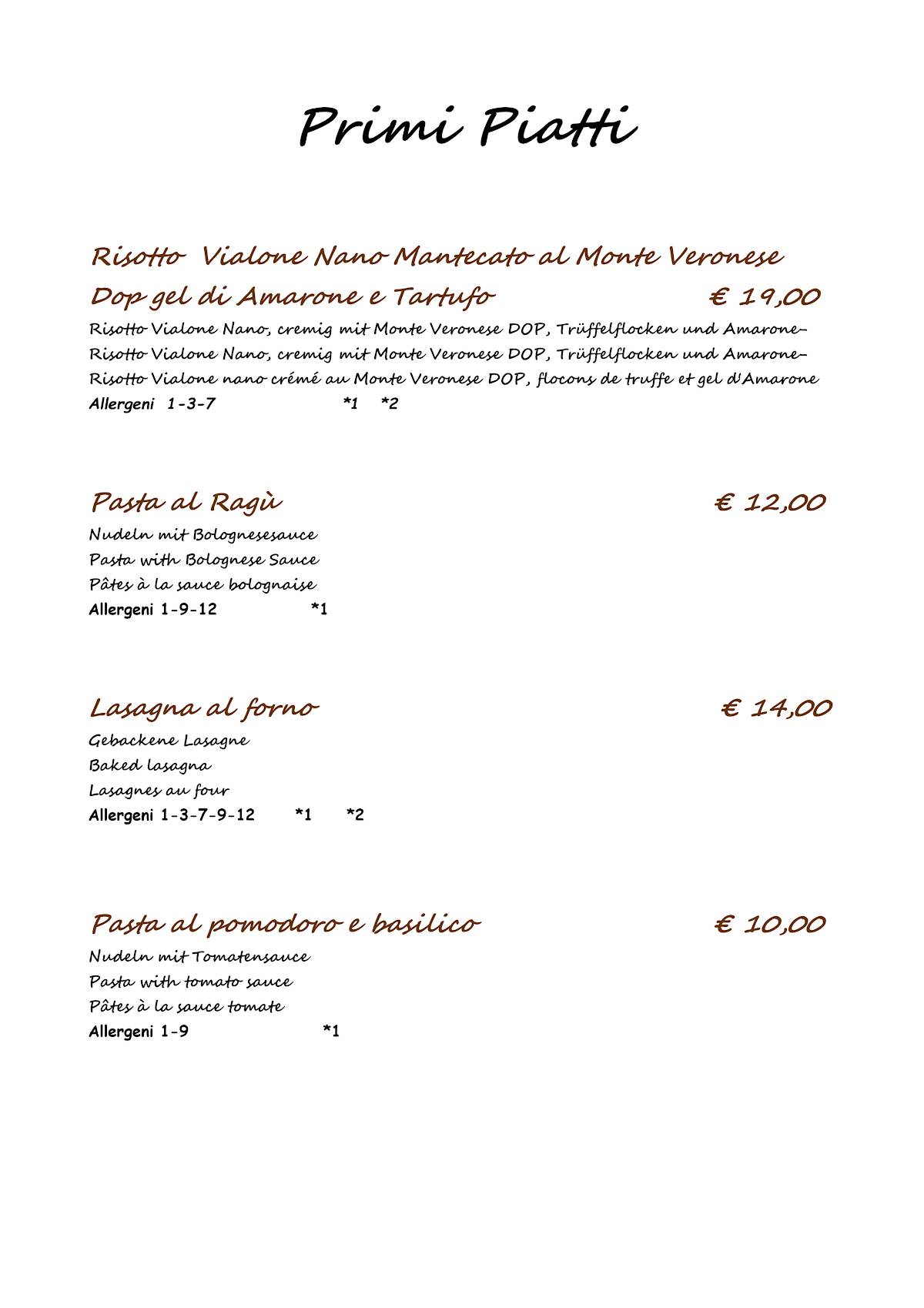 Menu di La Cicala e La Fenice 