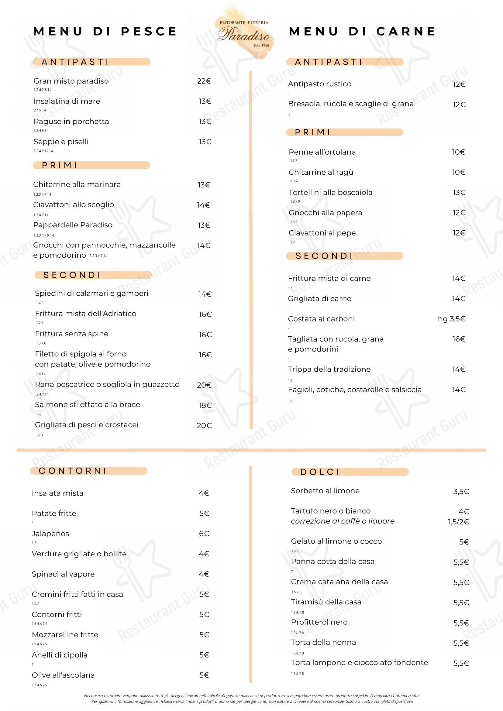 Menu di Ristorante Pizzeria Paradiso - 菜单