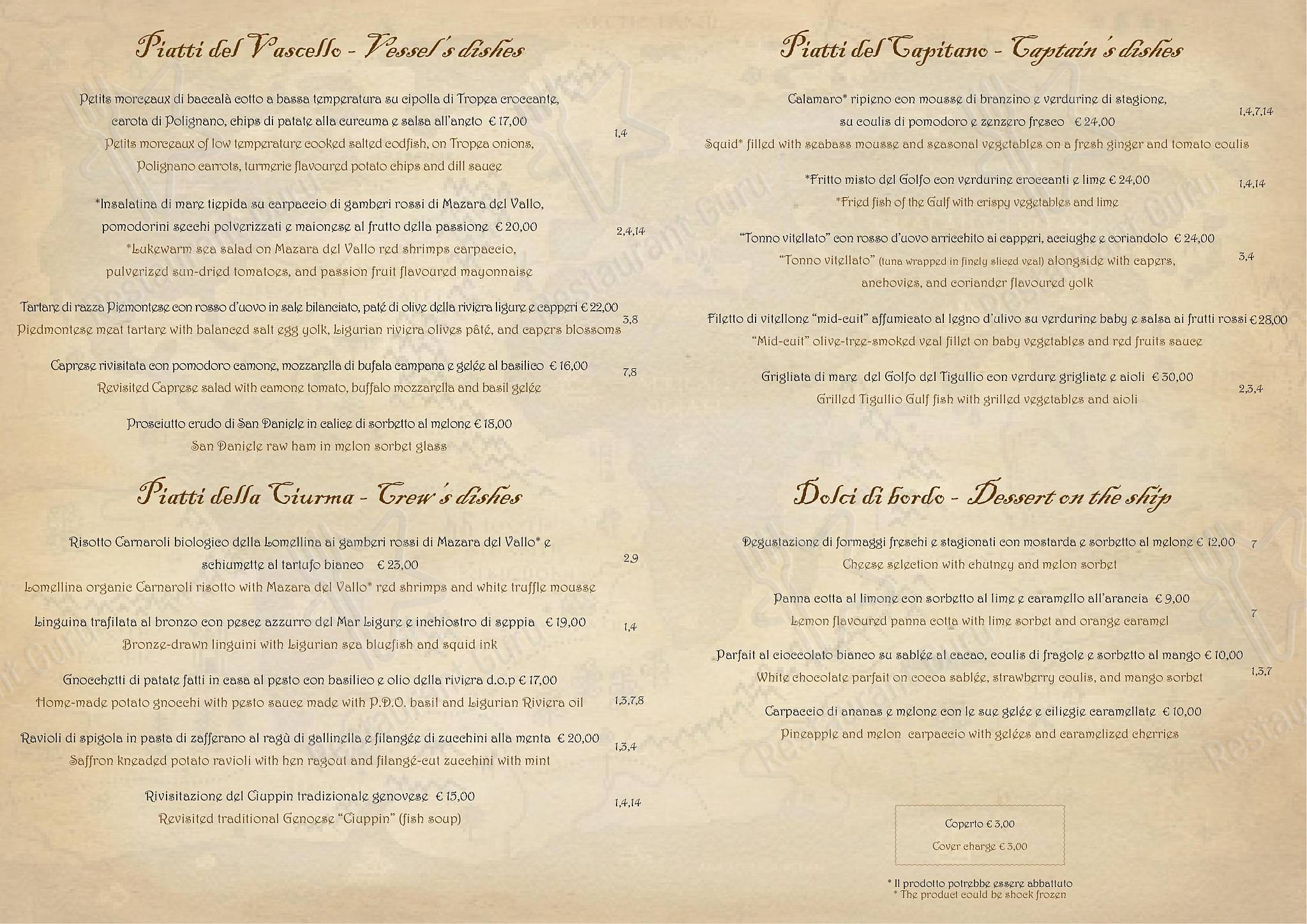 Основное меню per Acquamarina Ristorante Bistrot ristorante