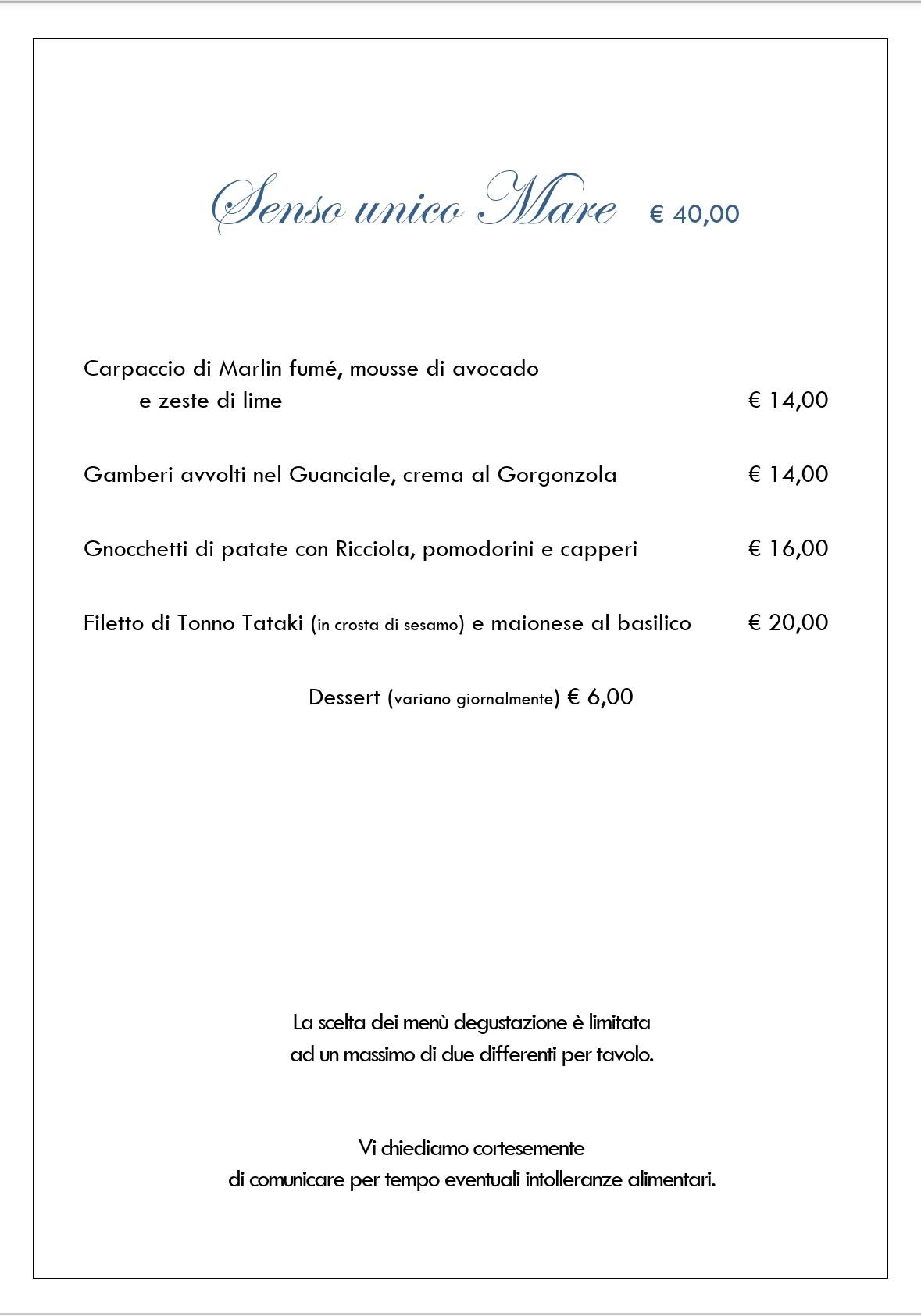Menu di Ristorante Senso Unico 