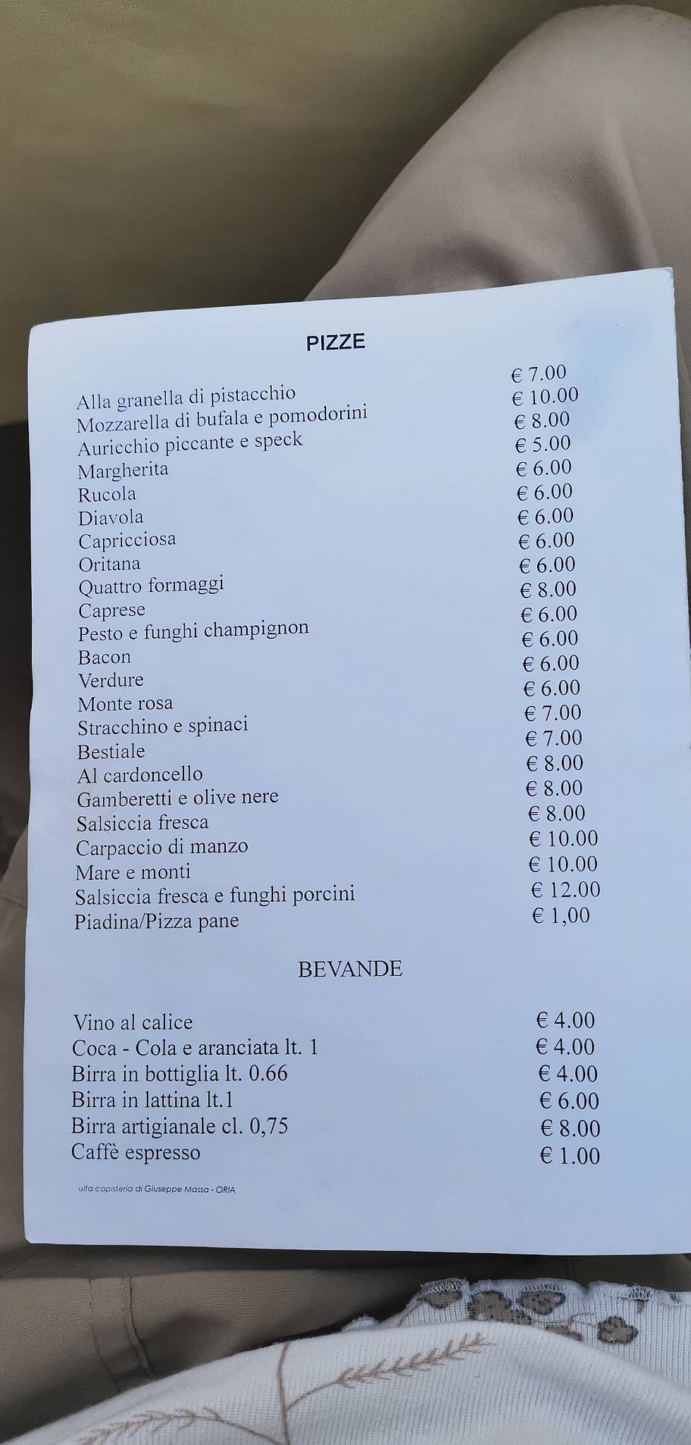 Menu di Vecchia Oria 