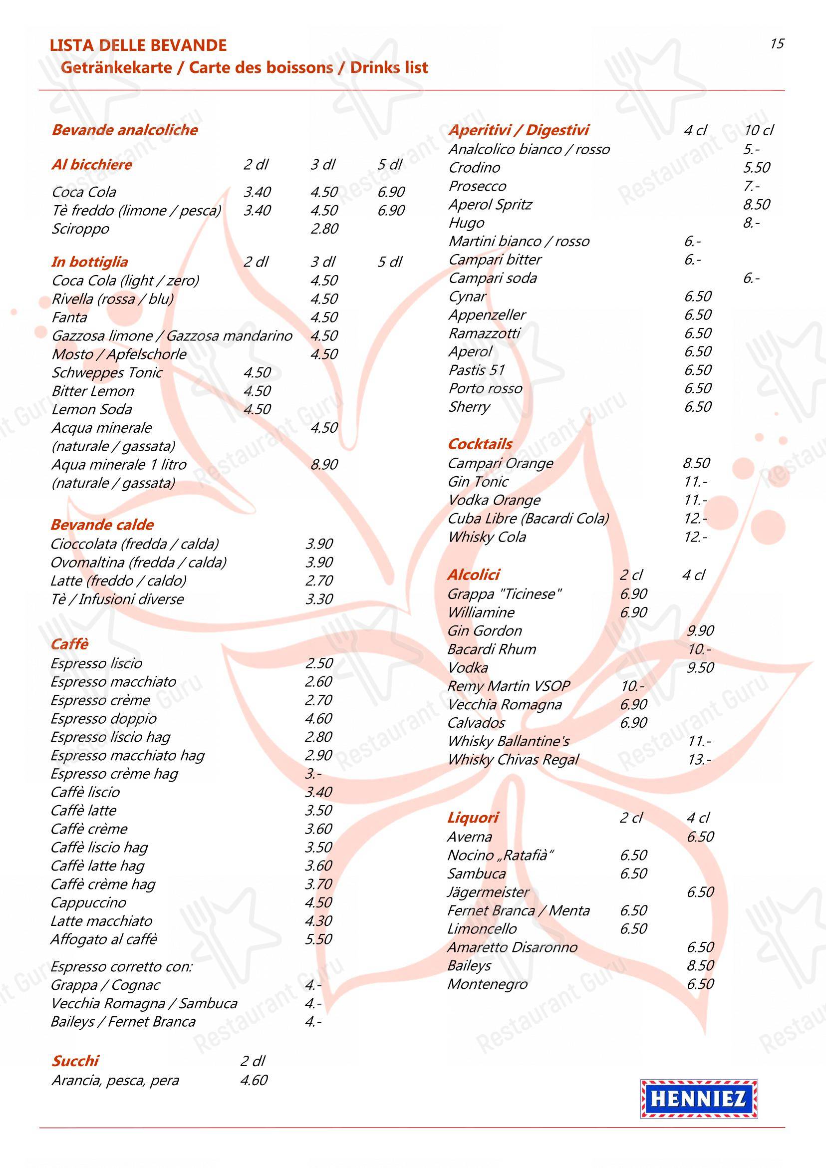 Коктейльная карта per Ristorante dell'Angelo pizzeria