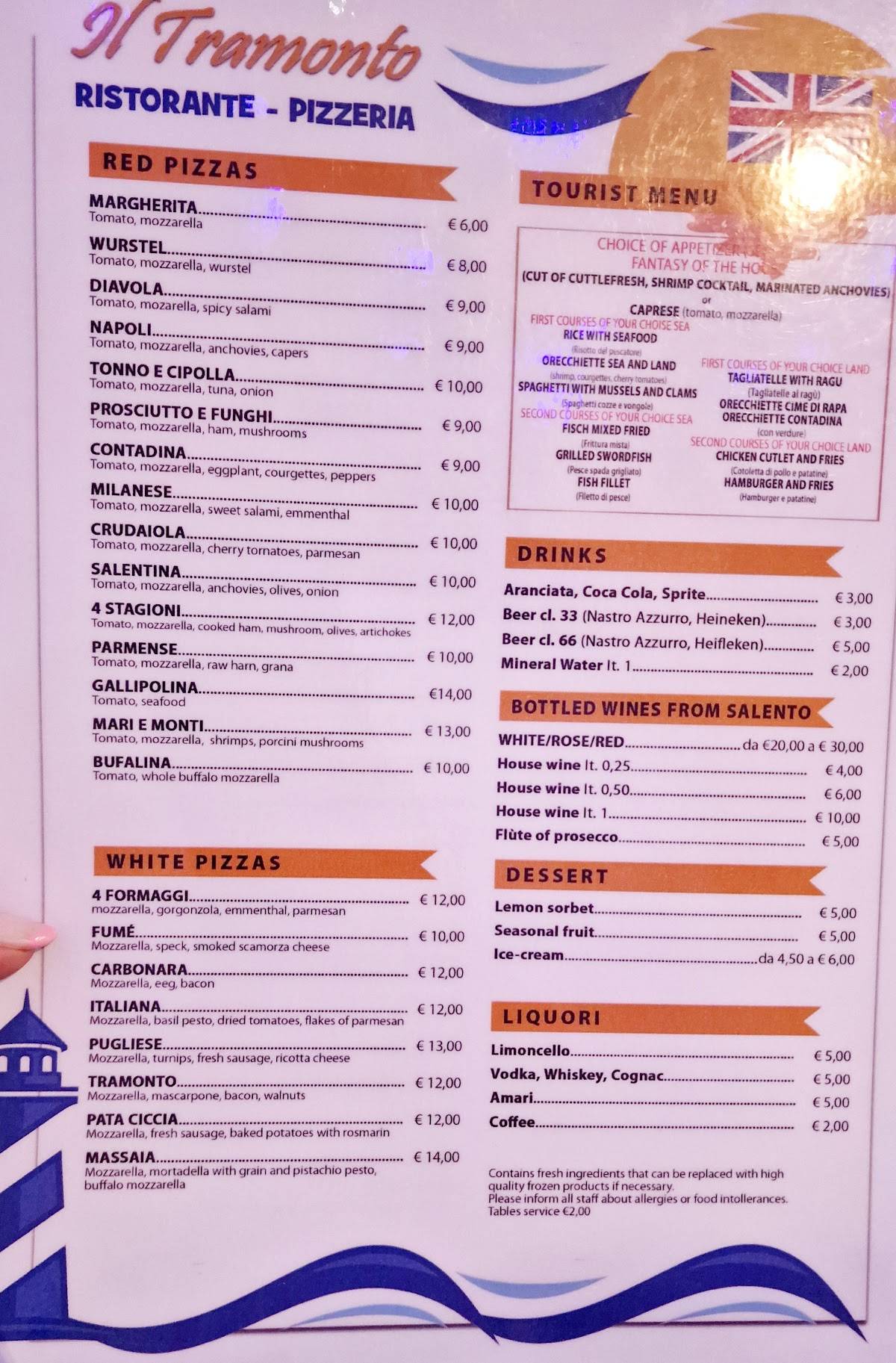 Menu di Ristorante pizzeria Il Tramonto 