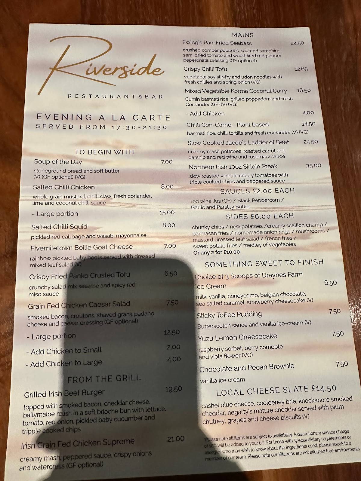 Menu at Riverside Restaurant & Bar, Belfast