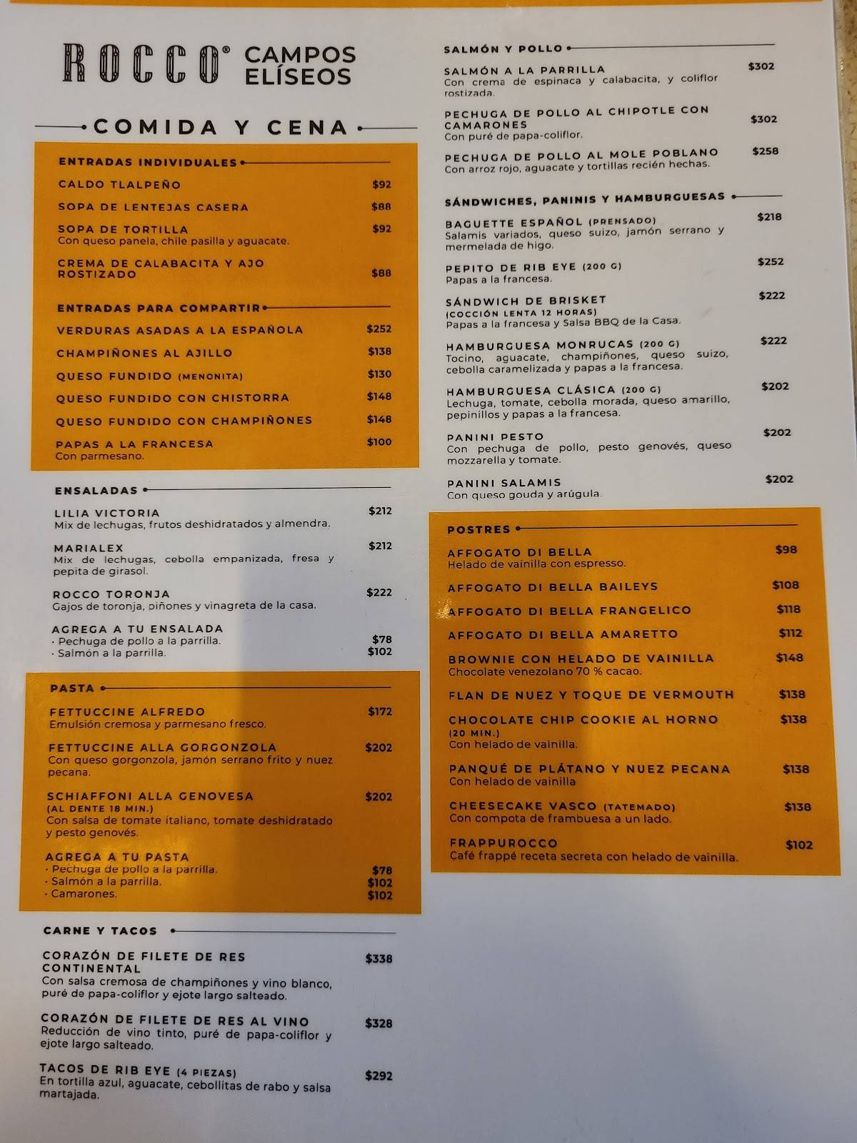 Carta de Rocco Café Bistro & Bar, Ciudad Juarez, Ave. Campos Elíseos ...