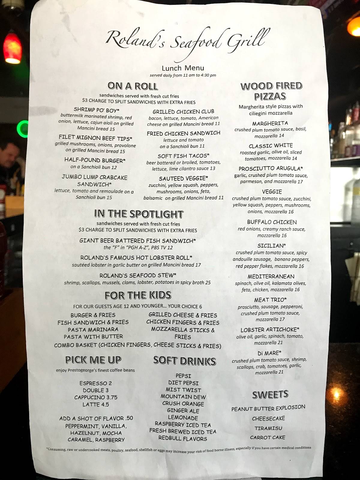 Menu at Roland's Seafood Grill restaurant, Pittsburgh