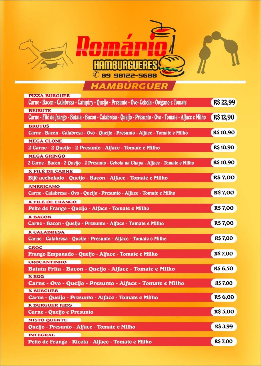 Romário Hambúrgueres cardápio
