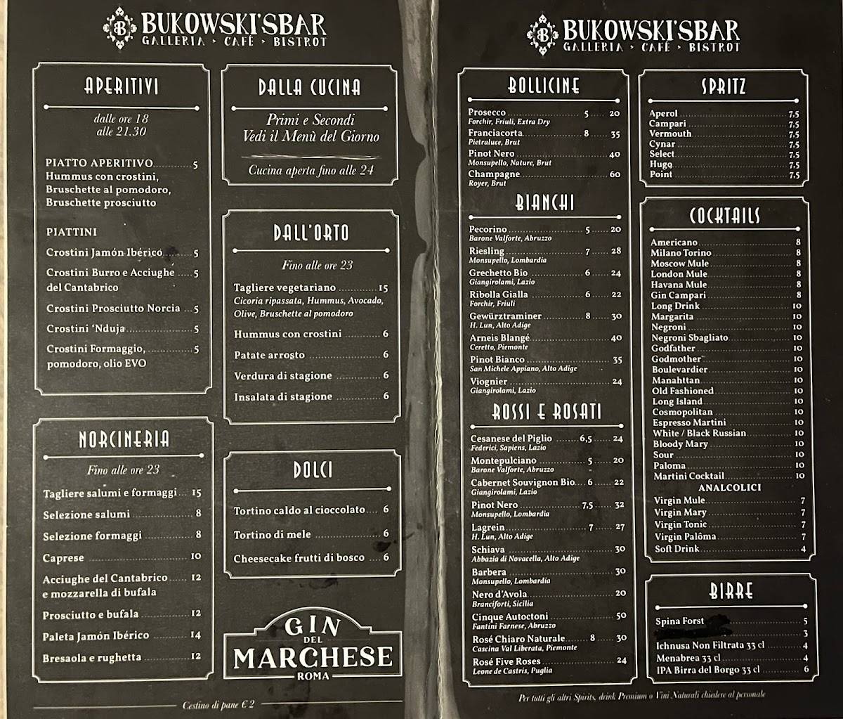 Menu de Bukowski's Bar
