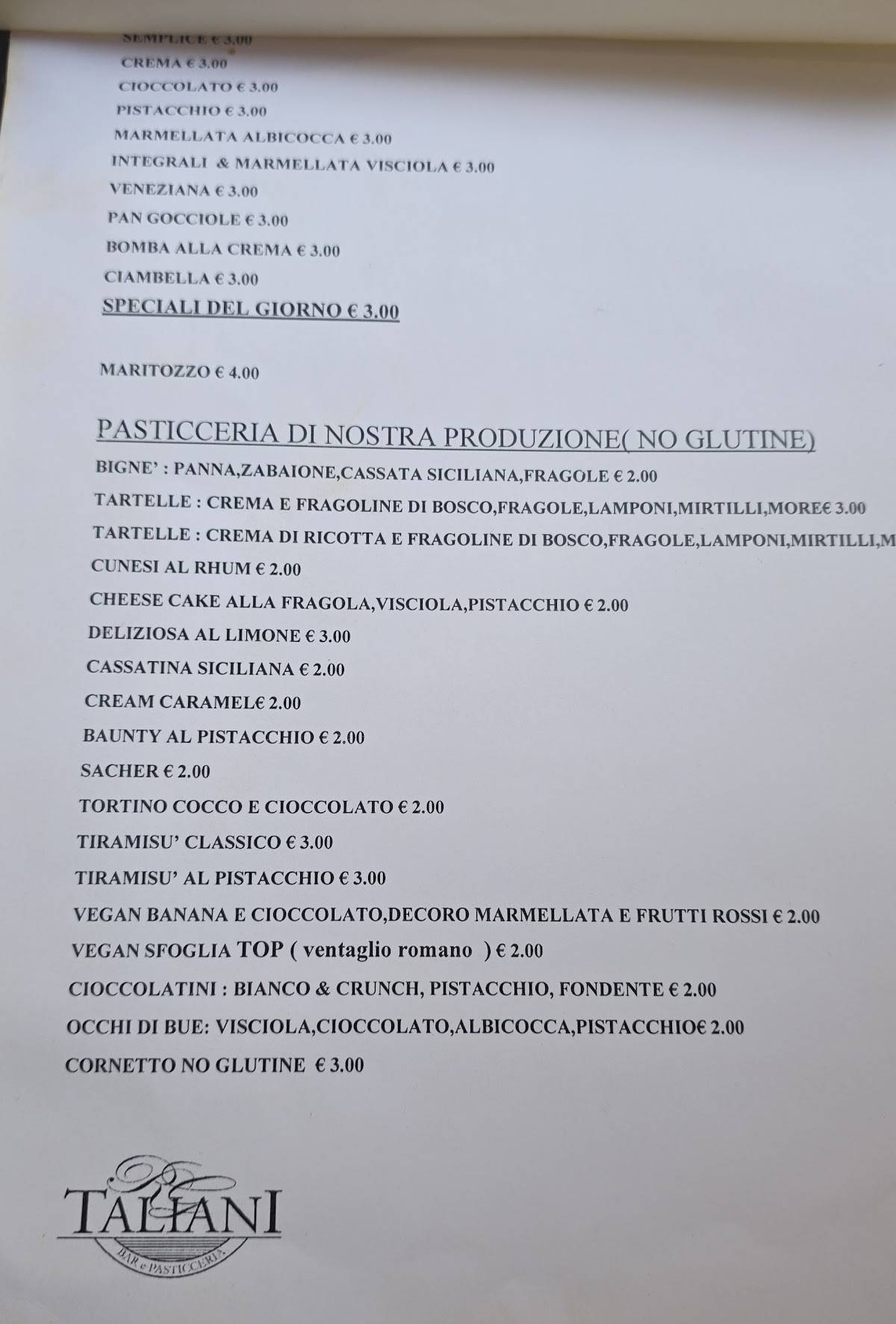 Menu di Taliani Roma 