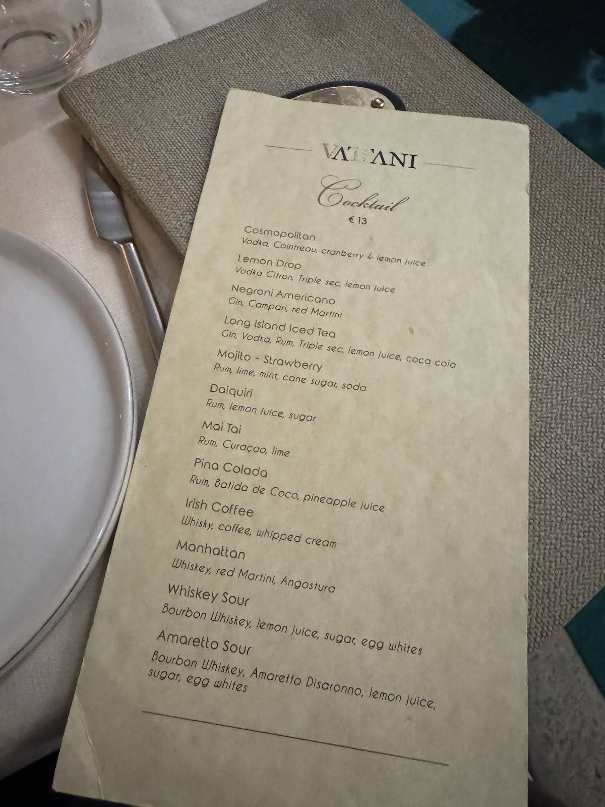 Menu di Vattani Elegant Italian Restaurant & Cocktail Bar 