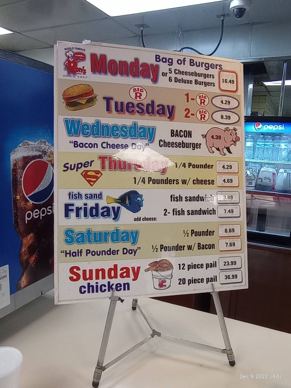 Menu at Ron's DriveIn restaurant, Spokane Valley