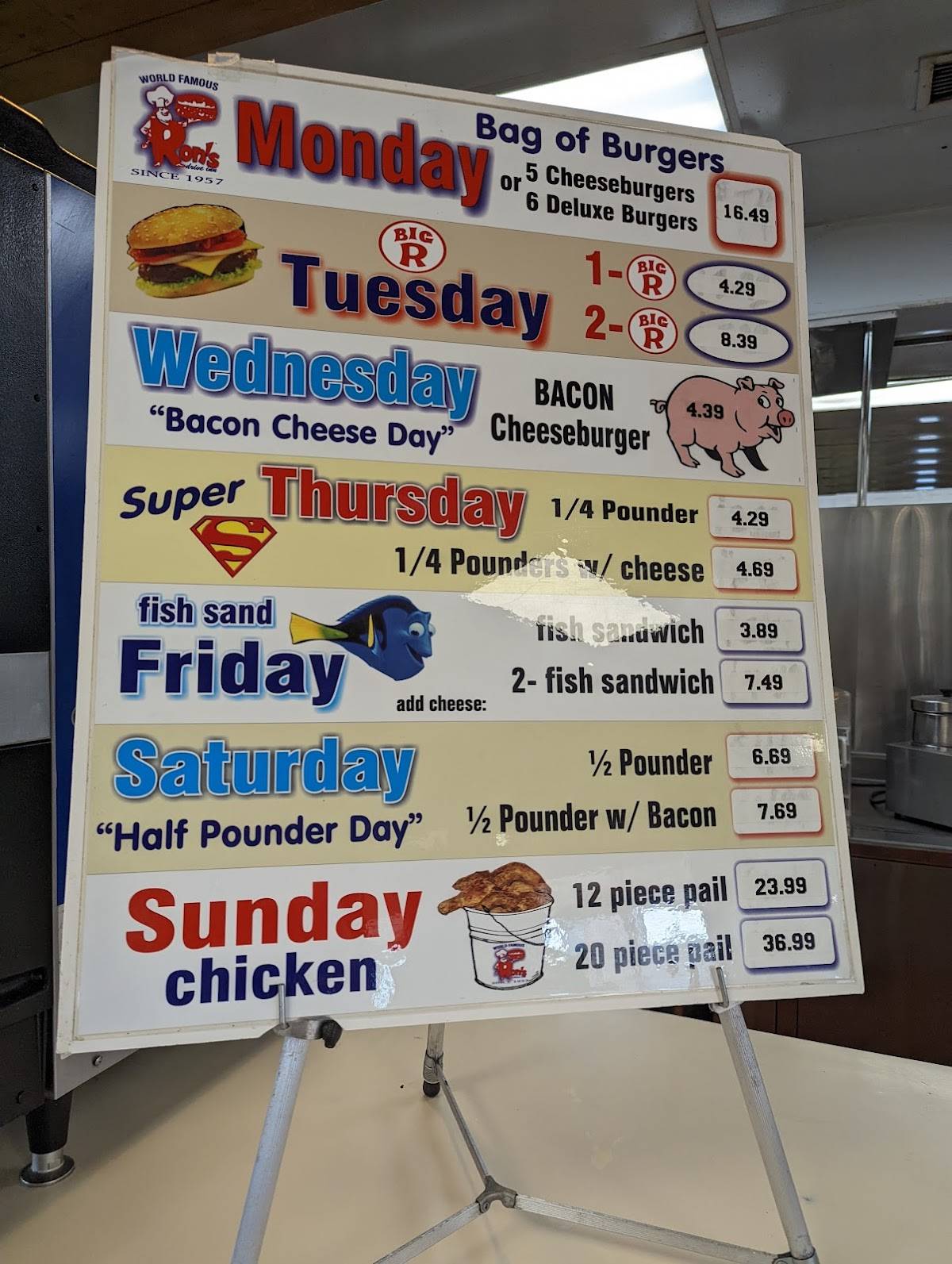 Menu at Ron's DriveIn restaurant, Spokane Valley