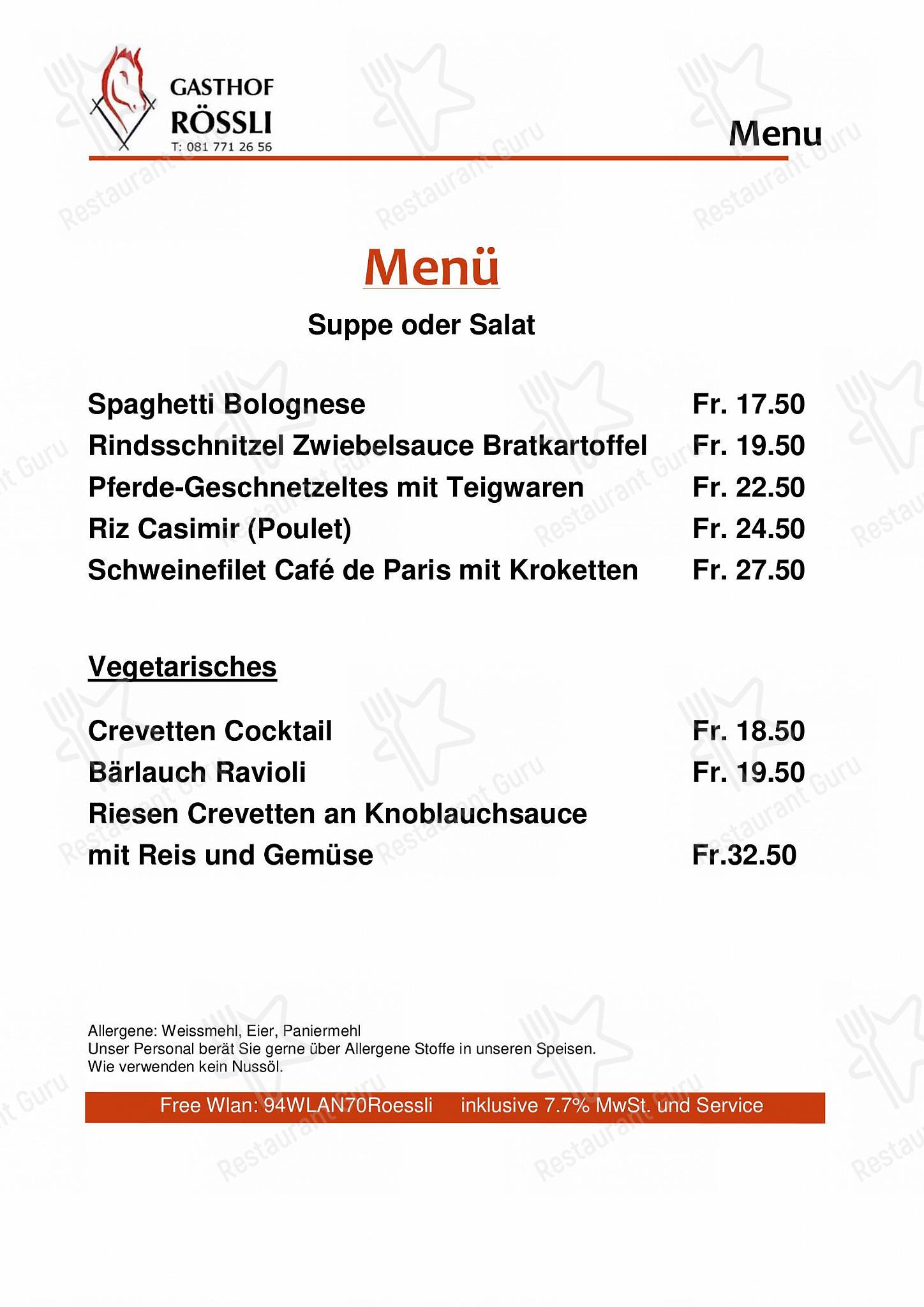 Menu di Gasthof Rössli - Wine Menu