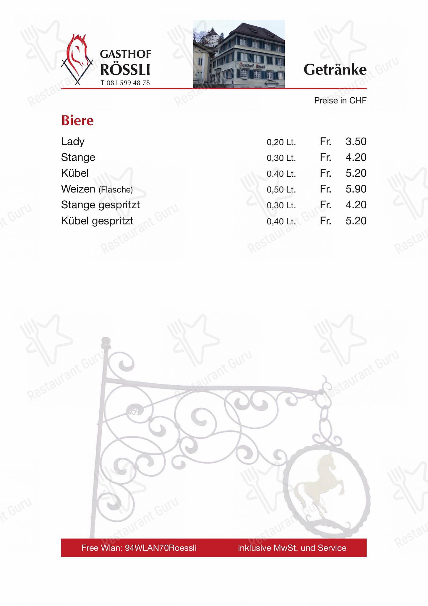 Menu di Gasthof Rössli - Wine Menu