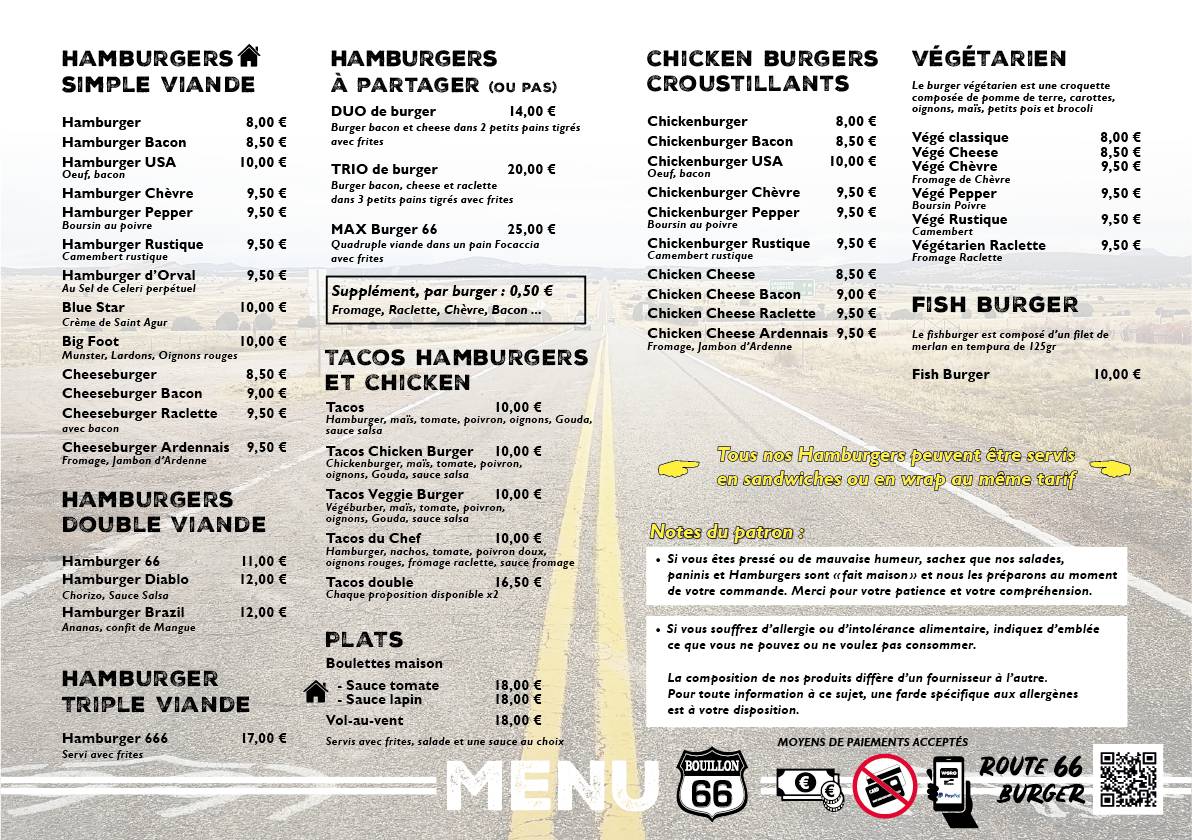 Menu de Route 66 Burger