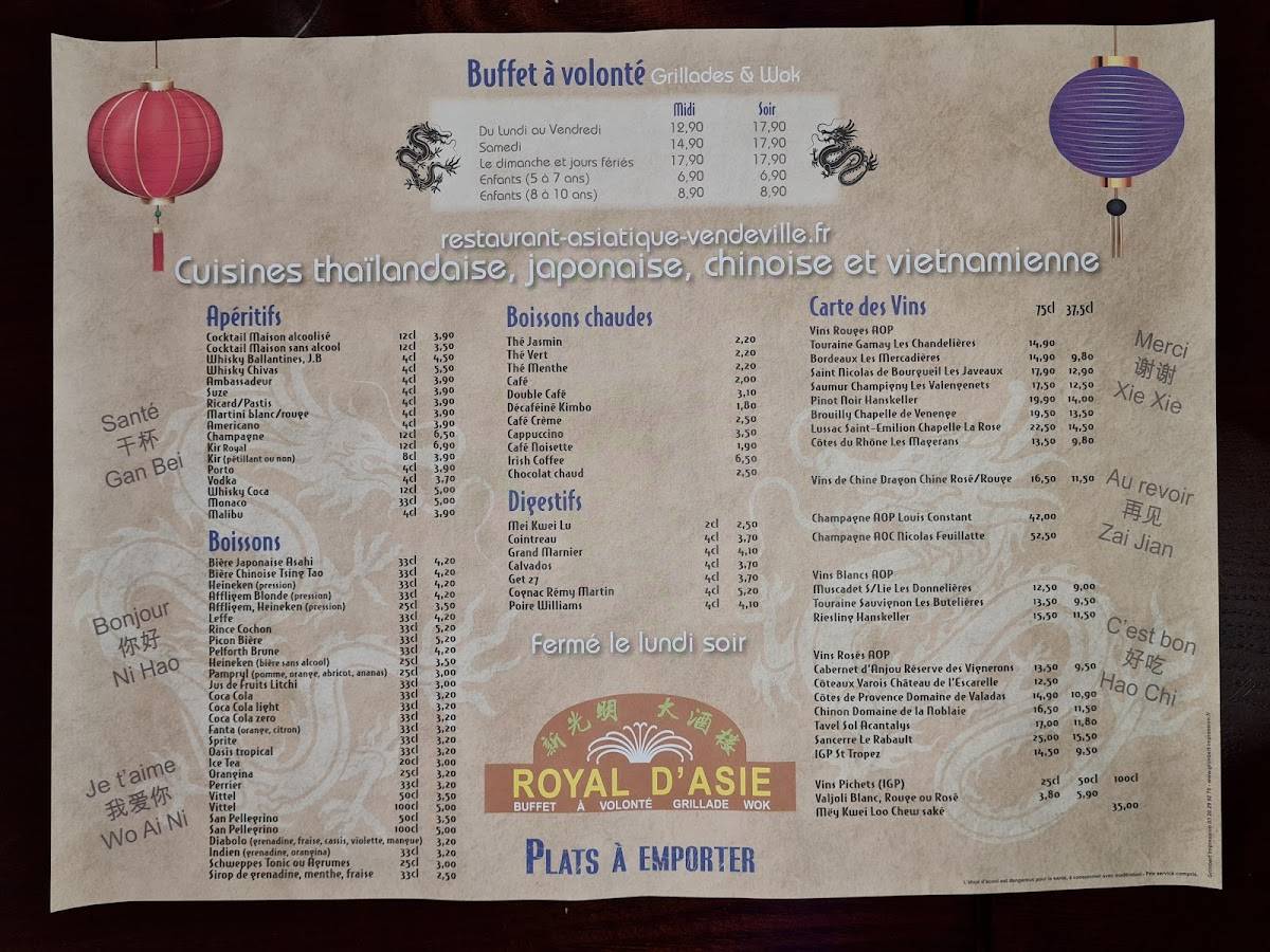 Menu au Royal D'Asie restaurant, Vendeville