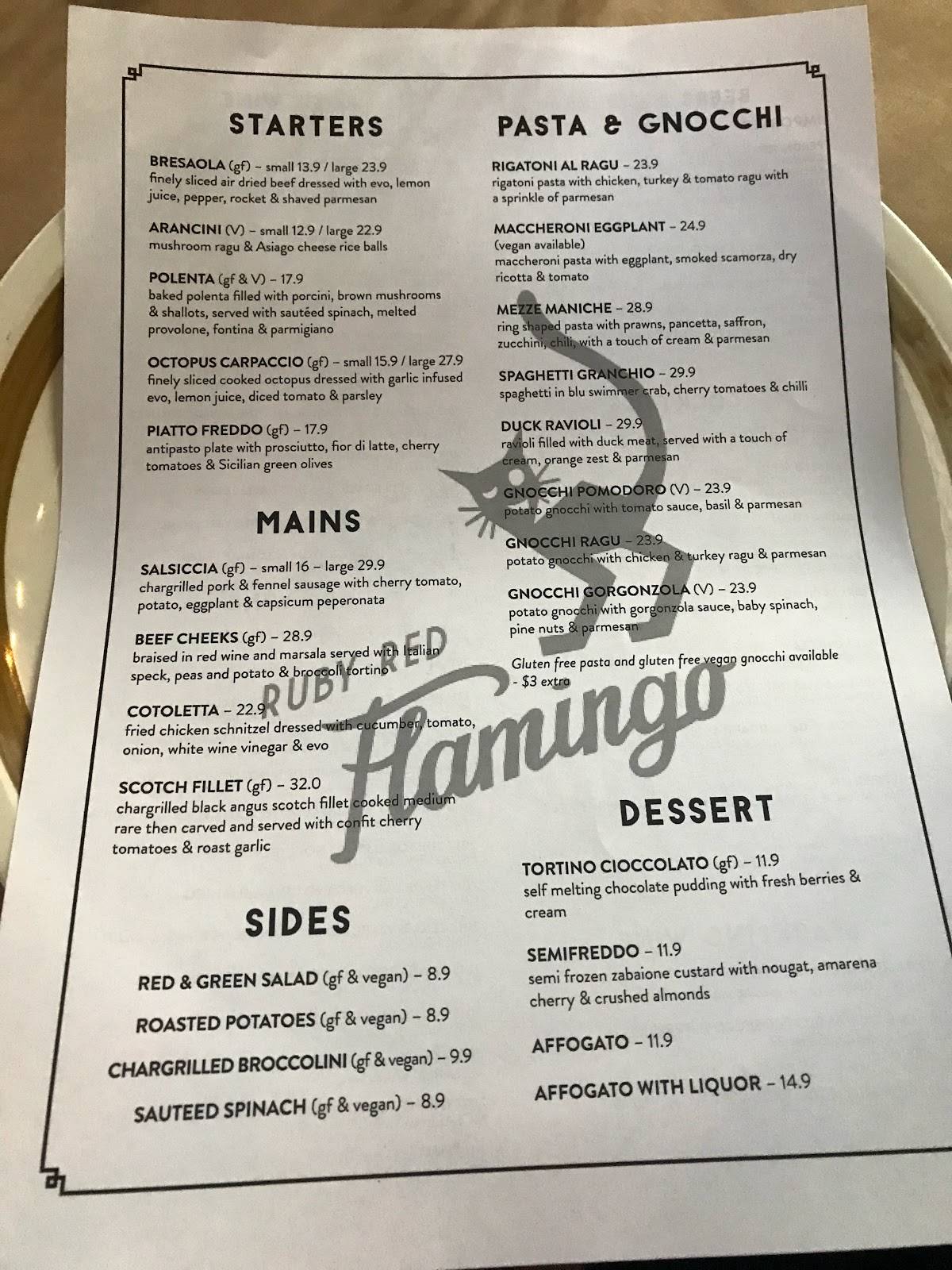 Menu at Ruby Red Flamingo restaurant, North Adelaide