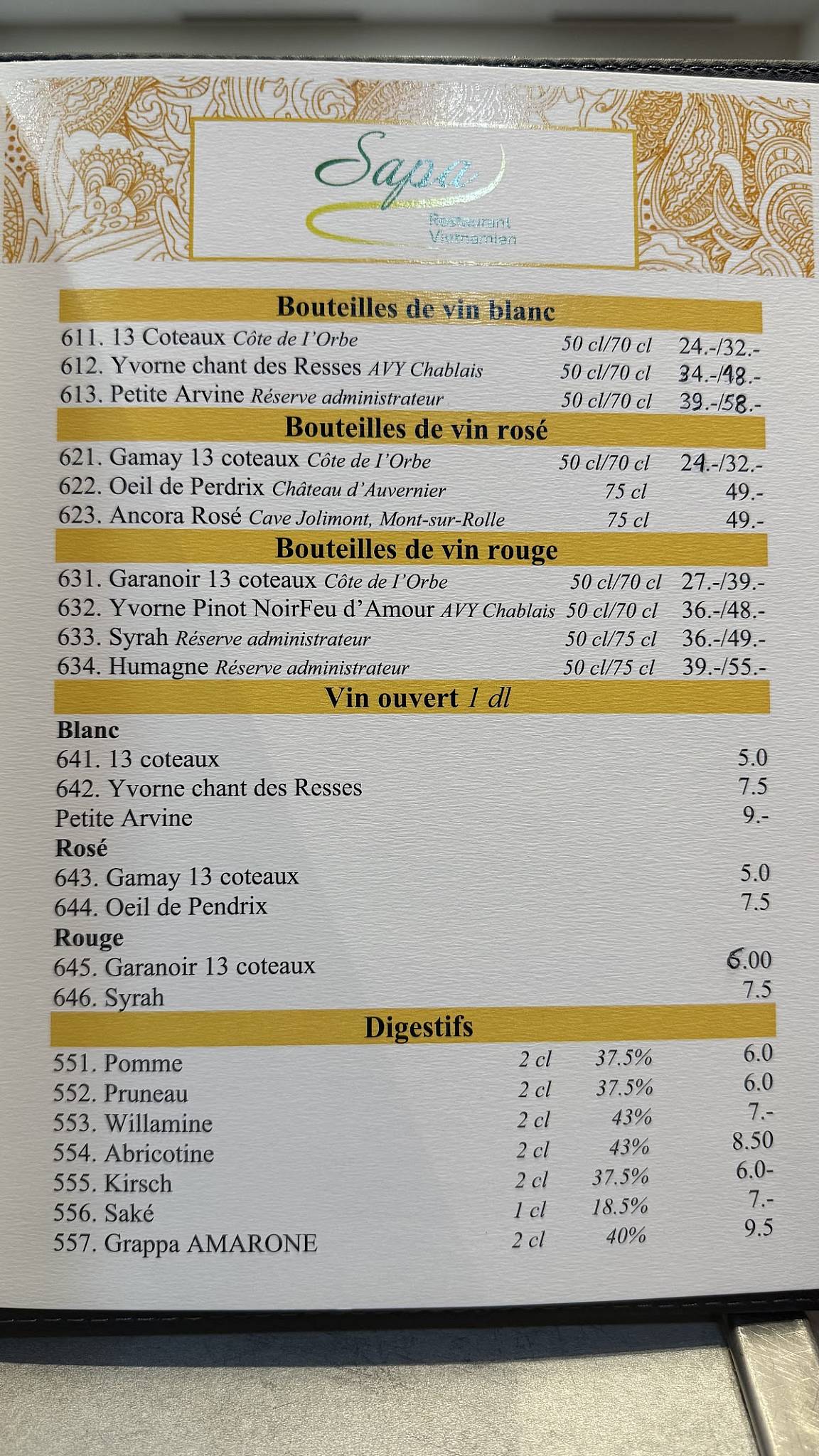 Menu di SAPA restaurant vietnamien 