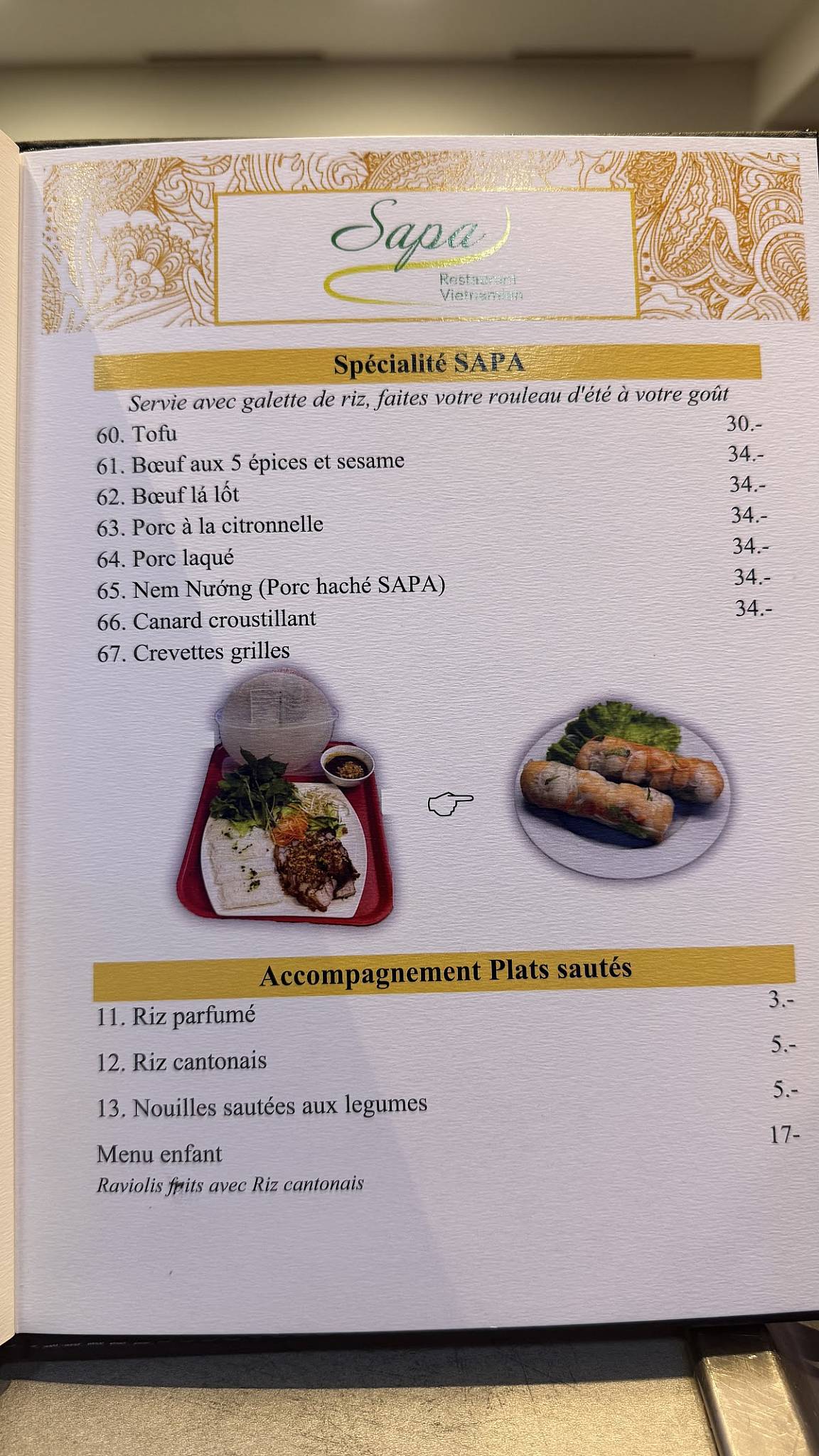 Menu di SAPA restaurant vietnamien 