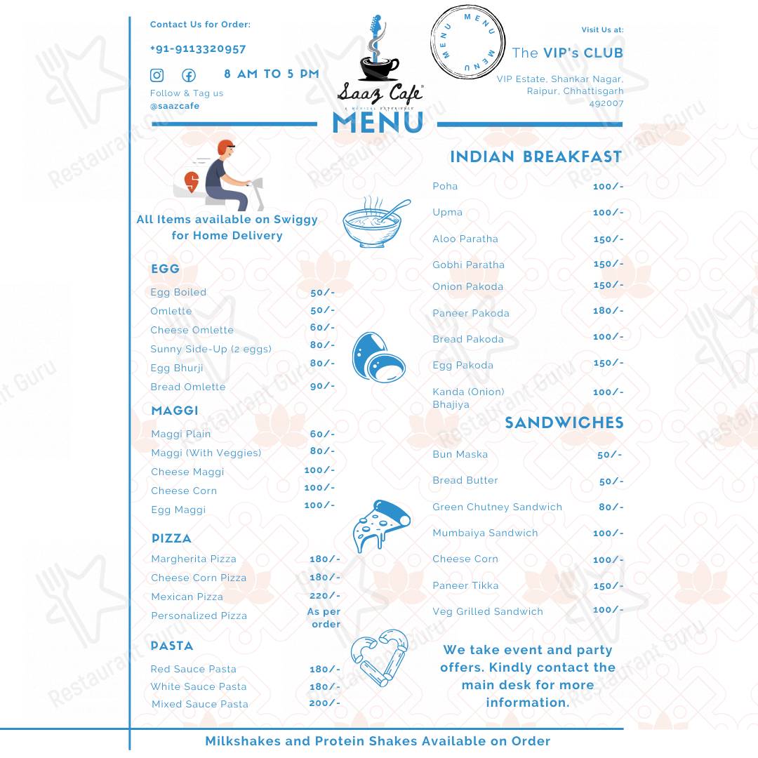 Menu at Saaz Cafe, Raipur