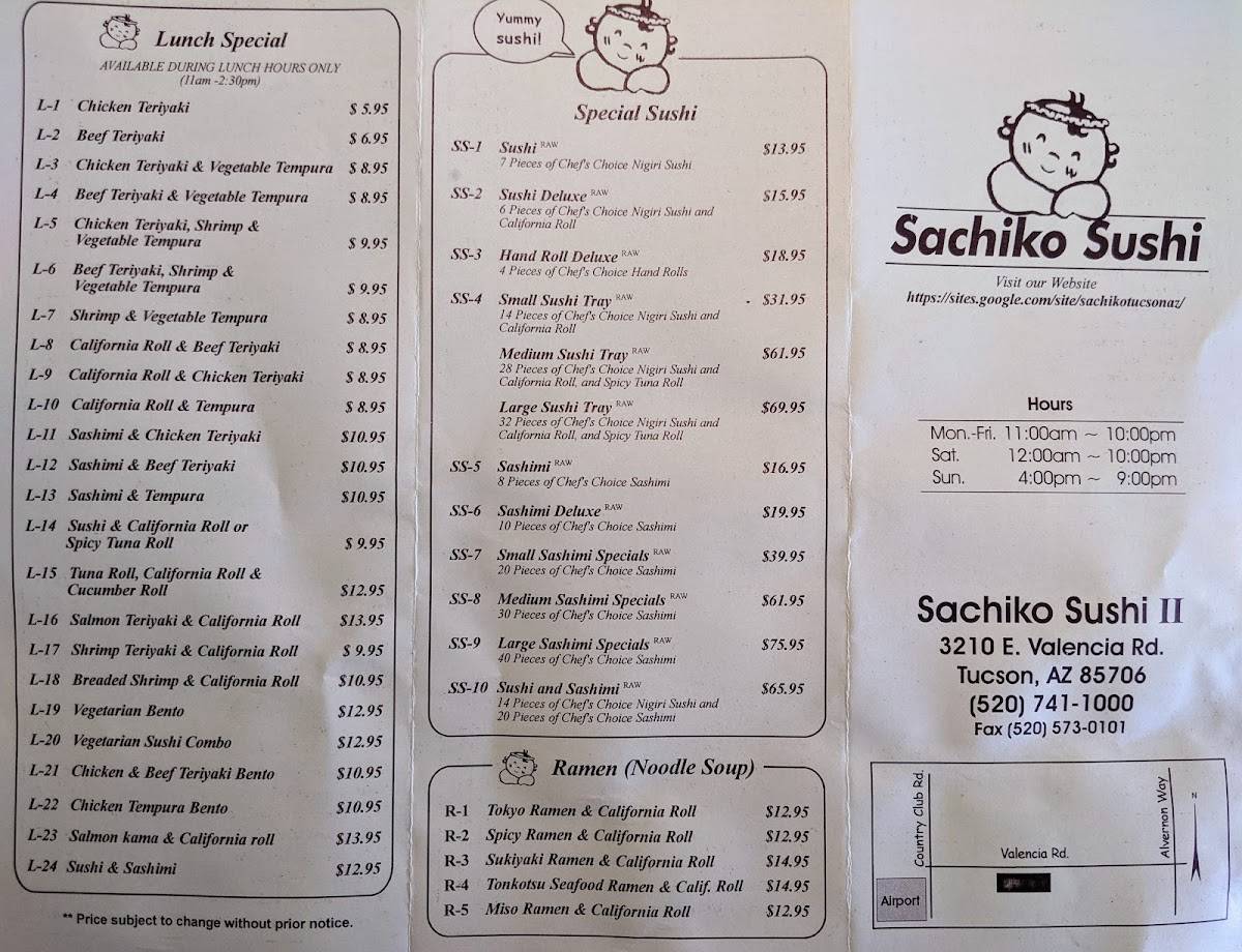 Menu at Sachiko Sushi restaurant, Tucson, E Valencia Rd