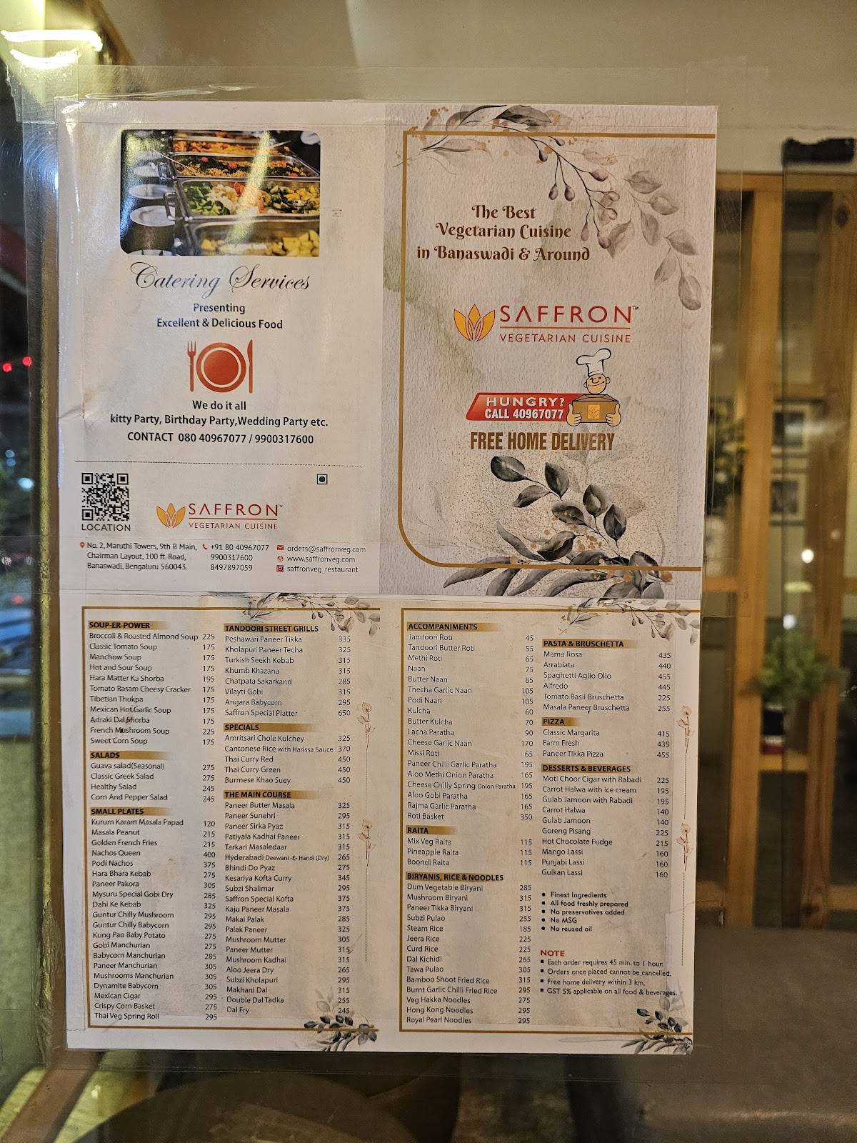Saffron Restaurant menu