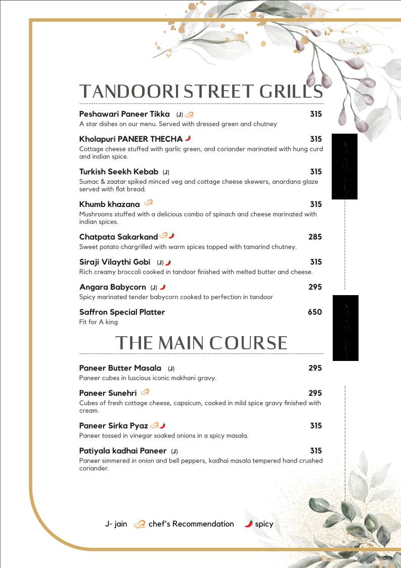 Saffron Restaurant menu