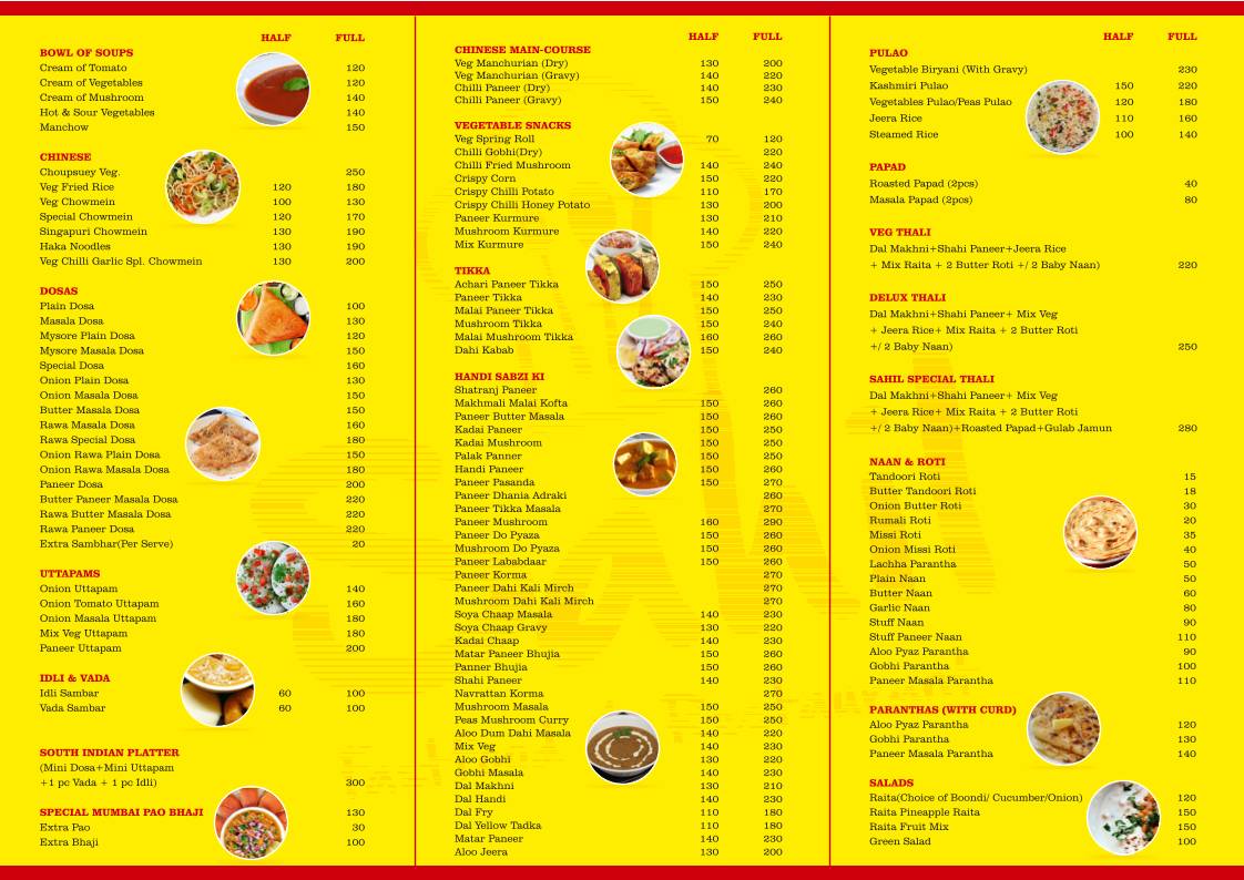 Sahil Restaurant menu