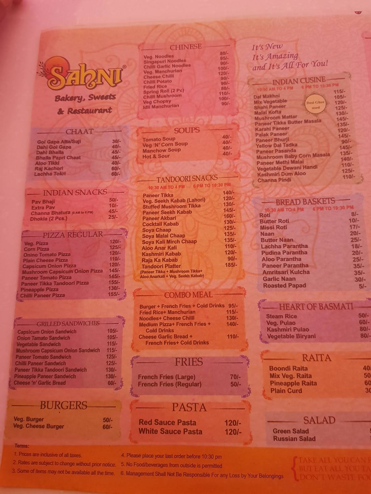 Sahni Bakery menu