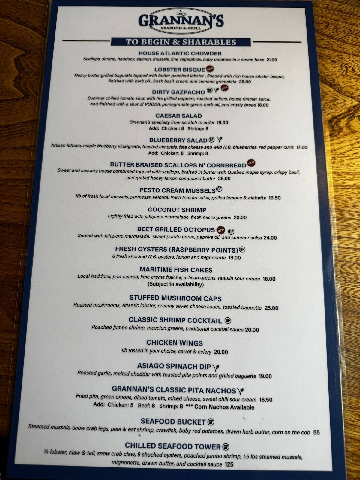 Menu at Grannan's Seafood restaurant, Saint John