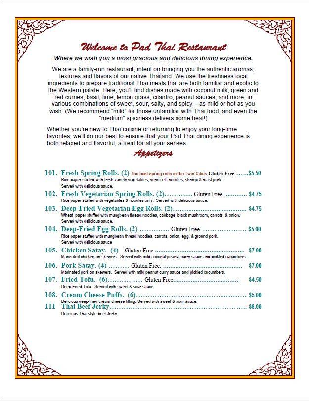 Menu at Pad Thai Restaurant, Saint Paul