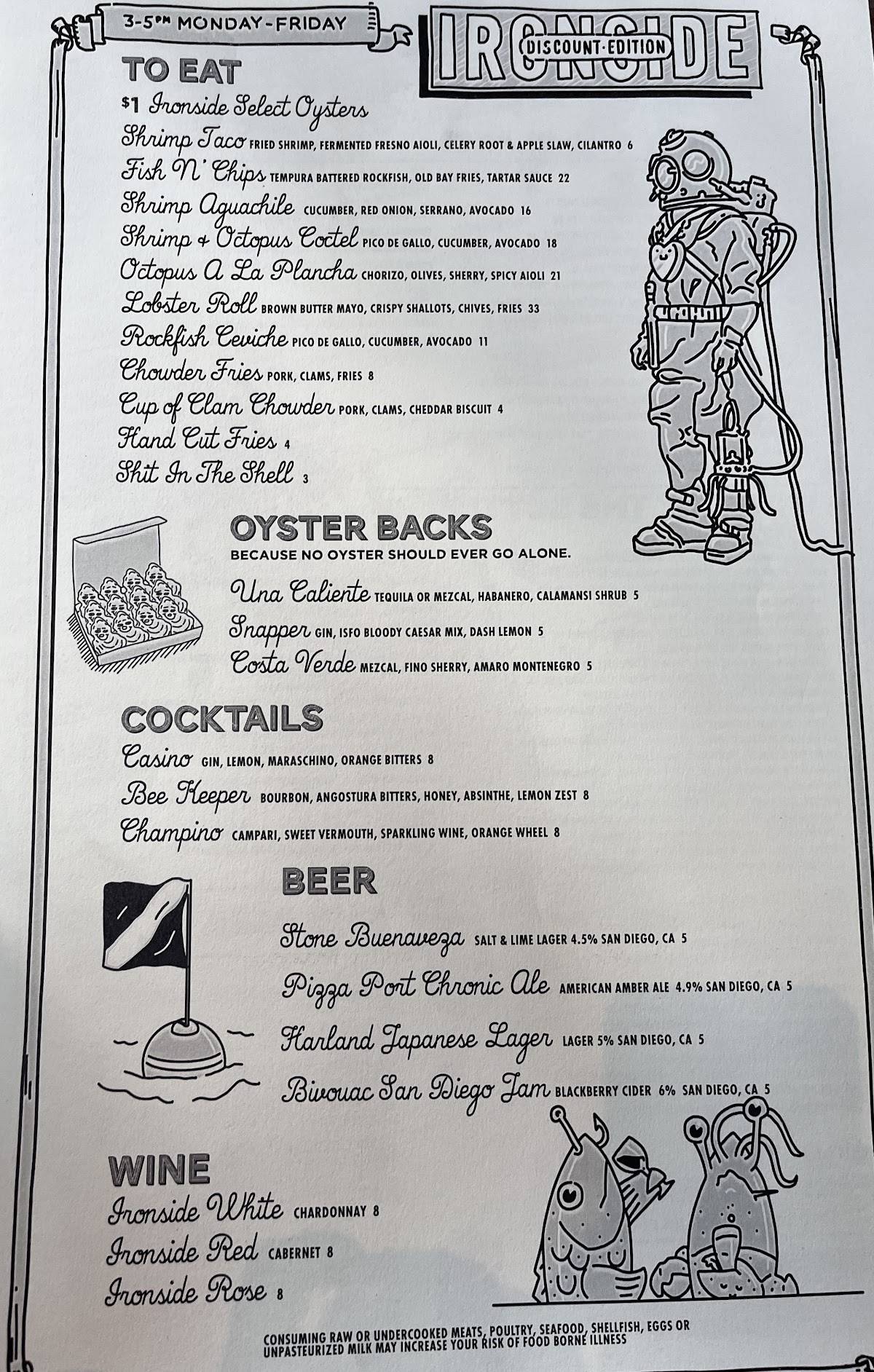 Menu at Ironside Fish & Oyster Bar, San Diego, India St