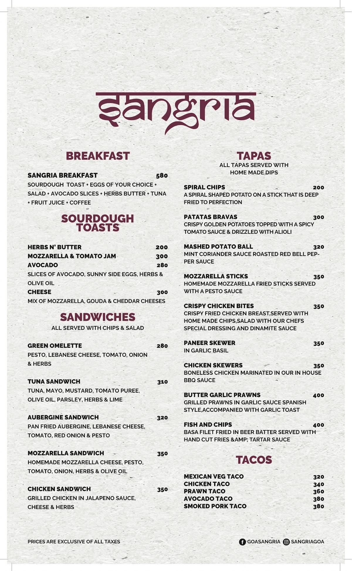 SANGRIAGOA menu