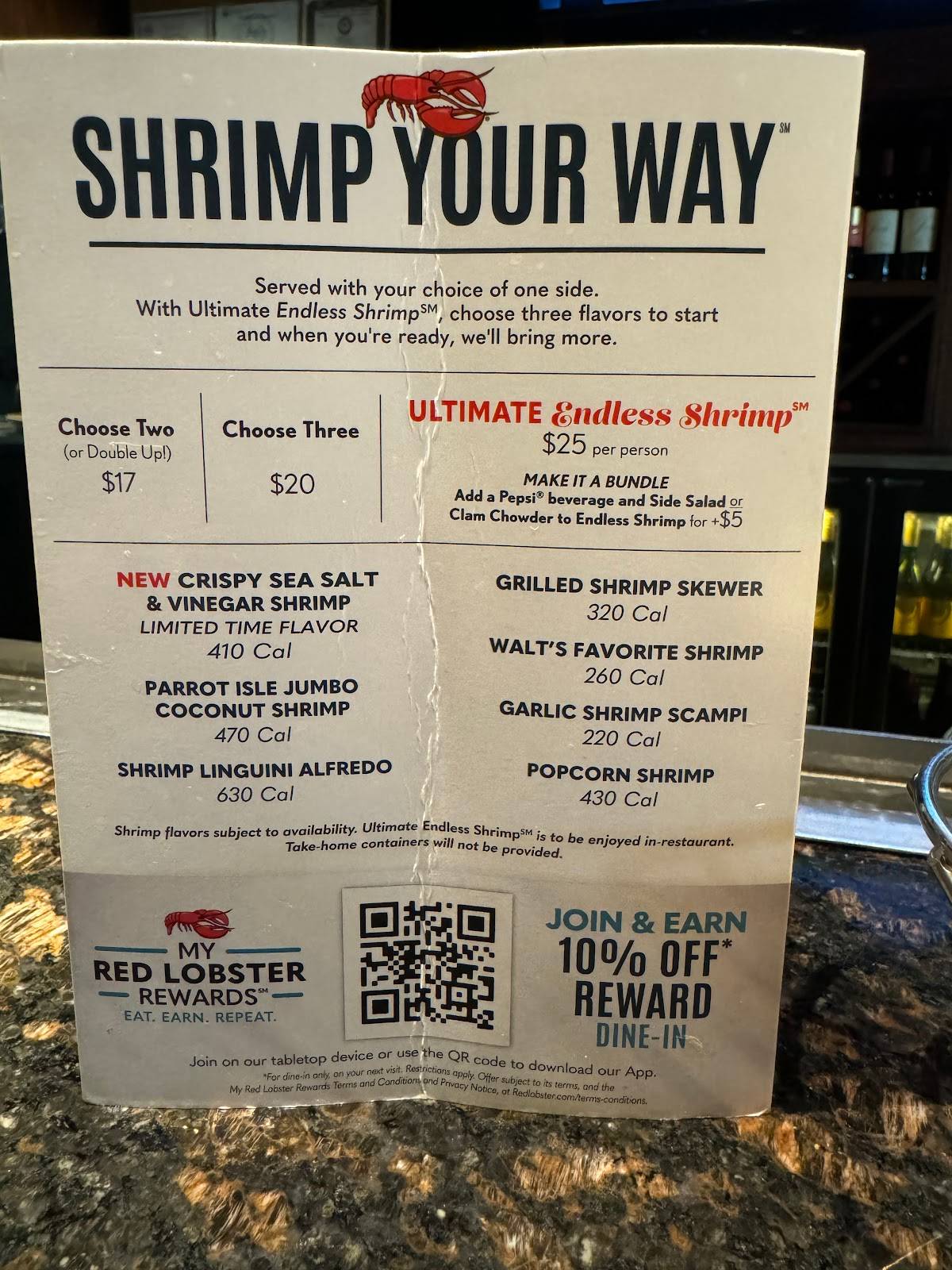 Menu at Red Lobster restaurant, Santa Fe