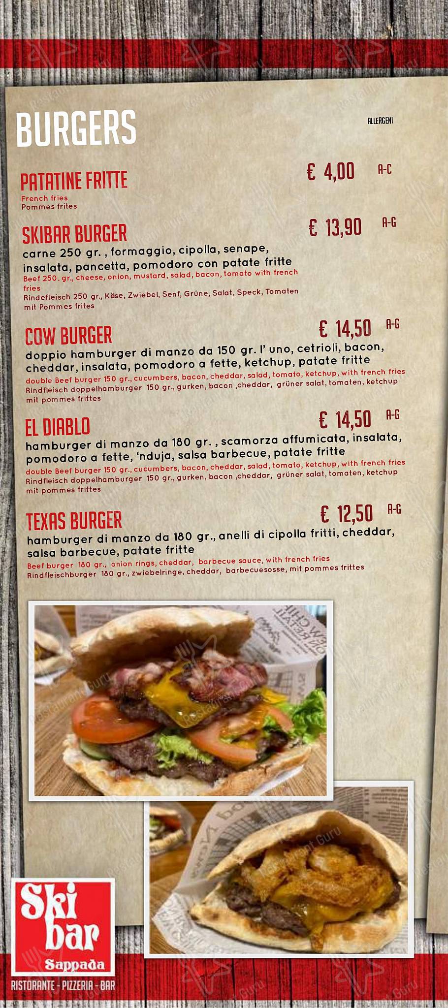 Takeaway Menu per SKIBAR SAPPADA RISTORANTE PIZZERIA HAMBURGERIA GOURMET asporto in Sappada