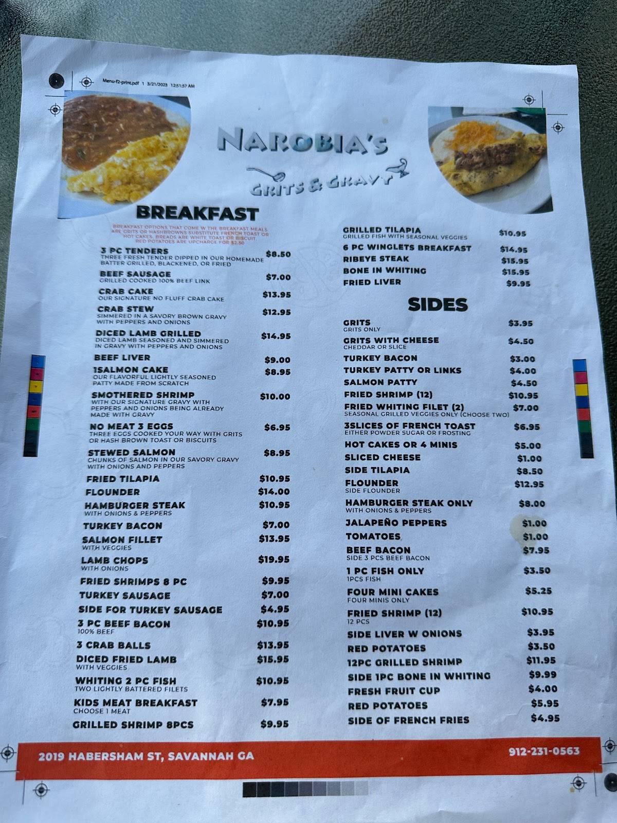Menu at Narobia's Grits & Gravy restaurant, Savannah