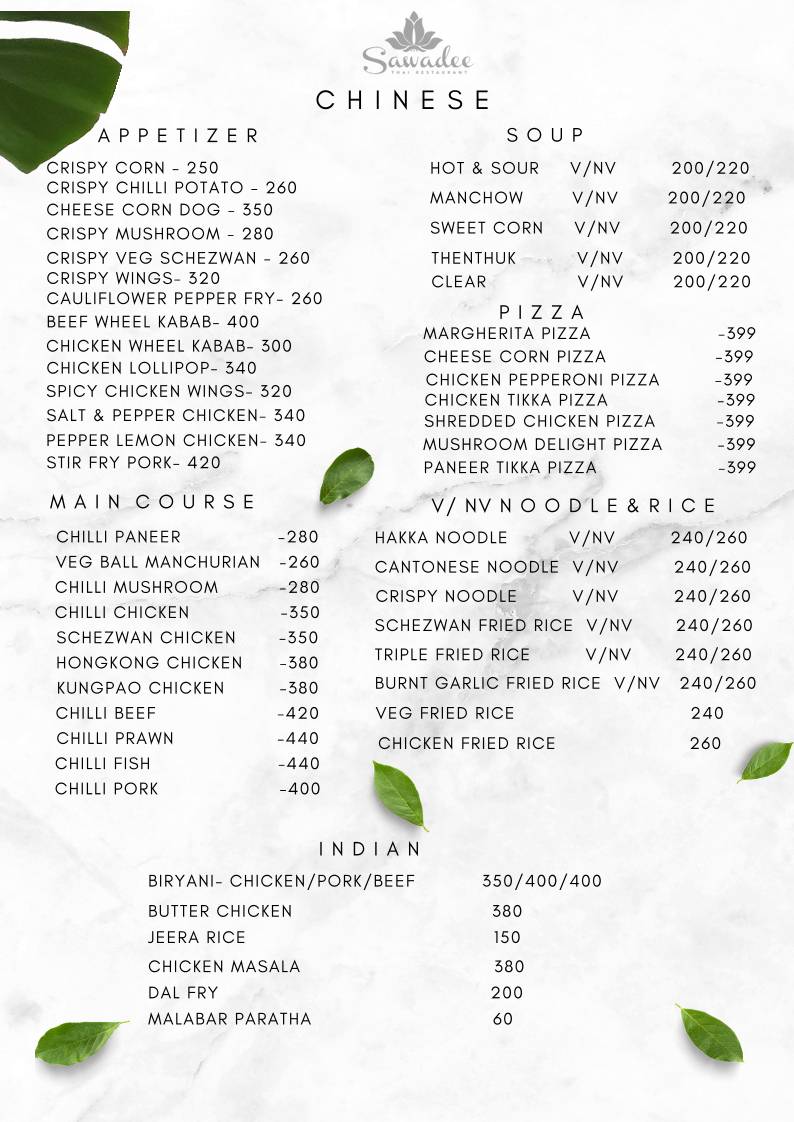 Sawadee Restaurant menu