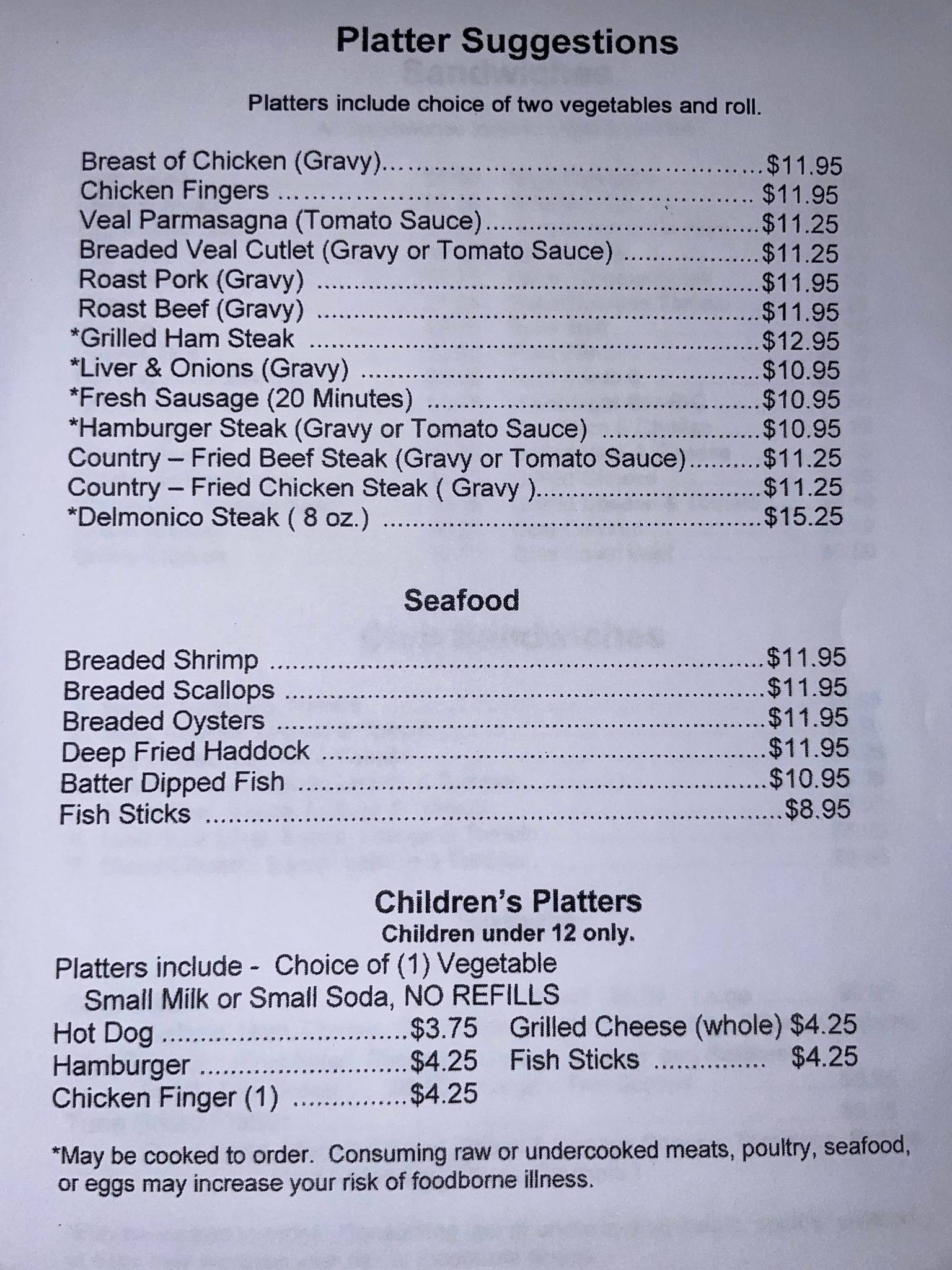 Menu at Schwalm's Cleona Restaurant, Cleona