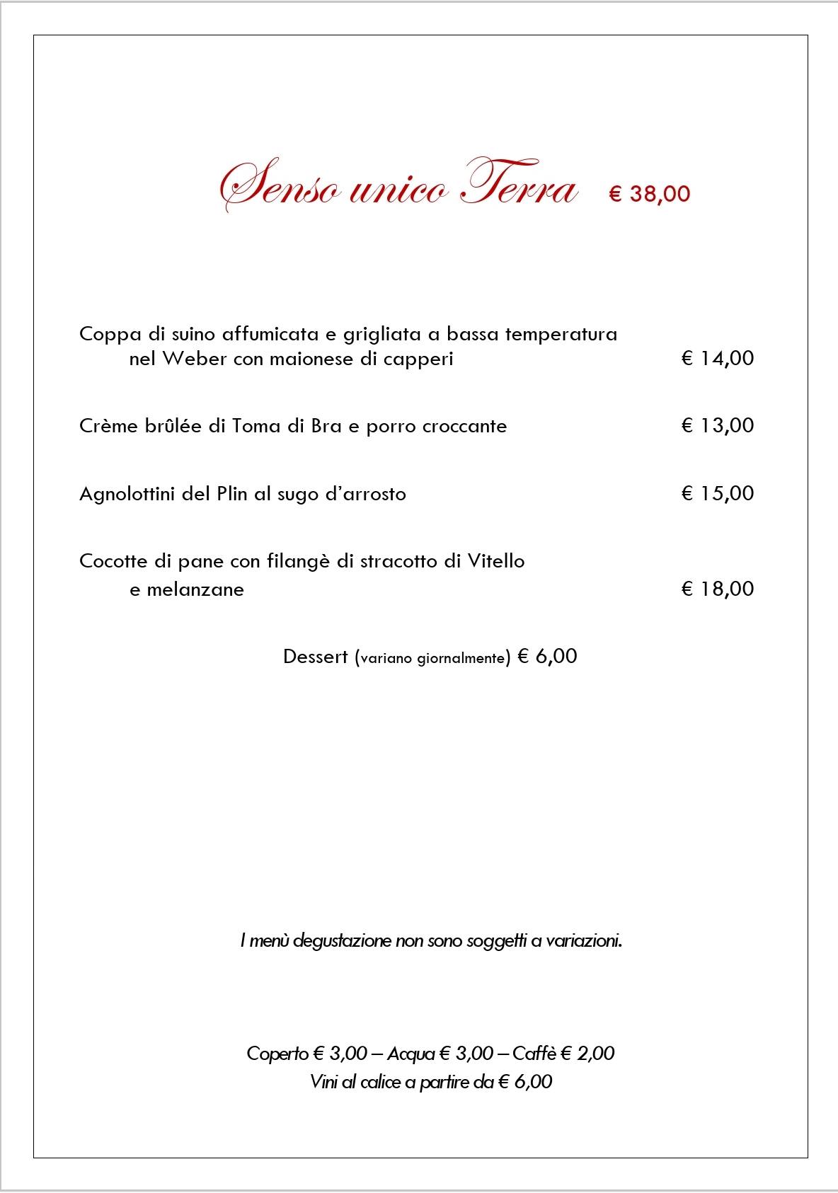 Menu di Ristorante Senso Unico 