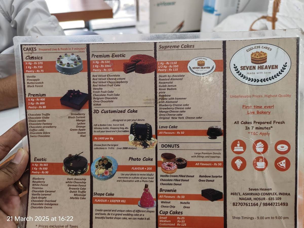 Seven Heaven Cakes Hosur menu