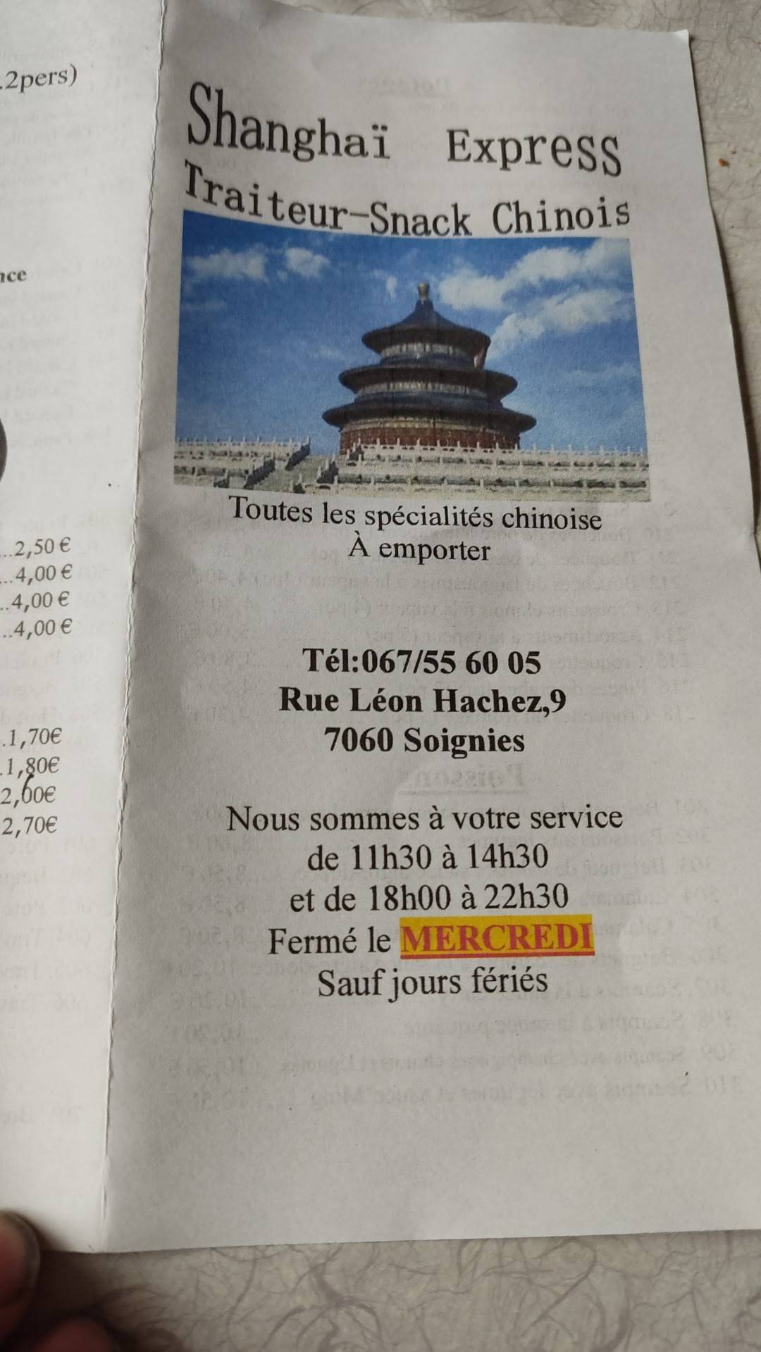 Menu de Shanghai Express