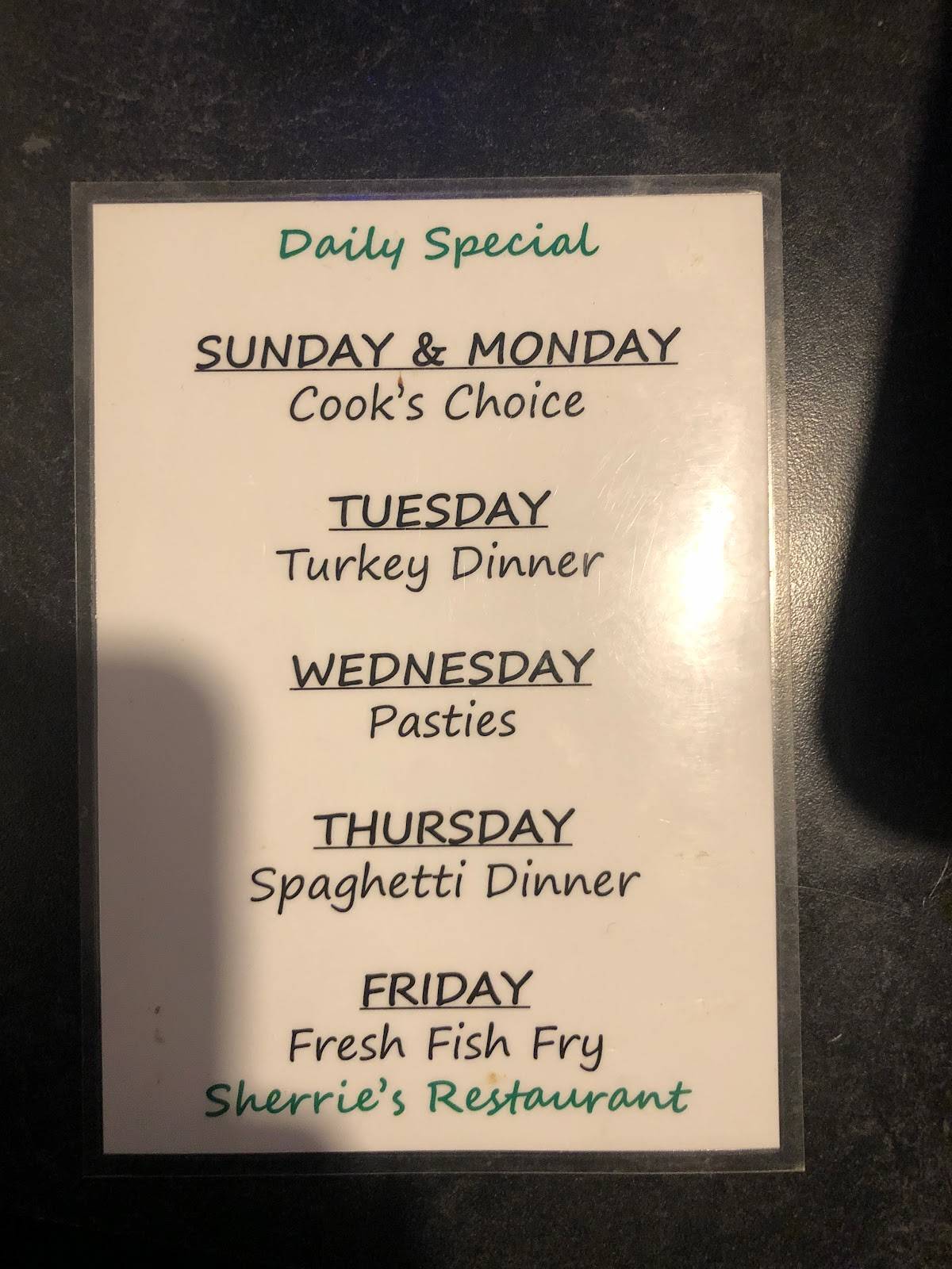 Menu at Sherrie's Restaurant, Ishpeming