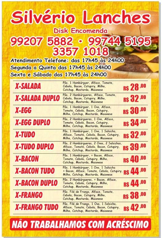 Silvério Lanches cardápio