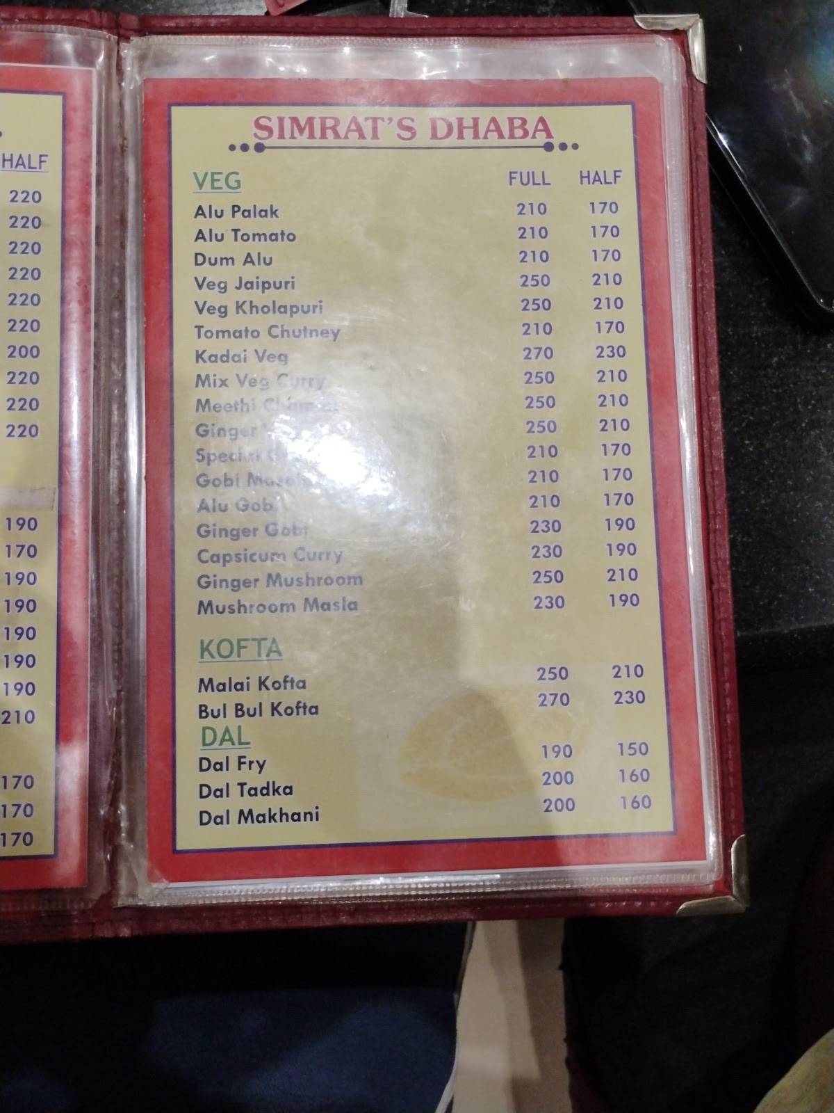 Simrat's Dhaba menu