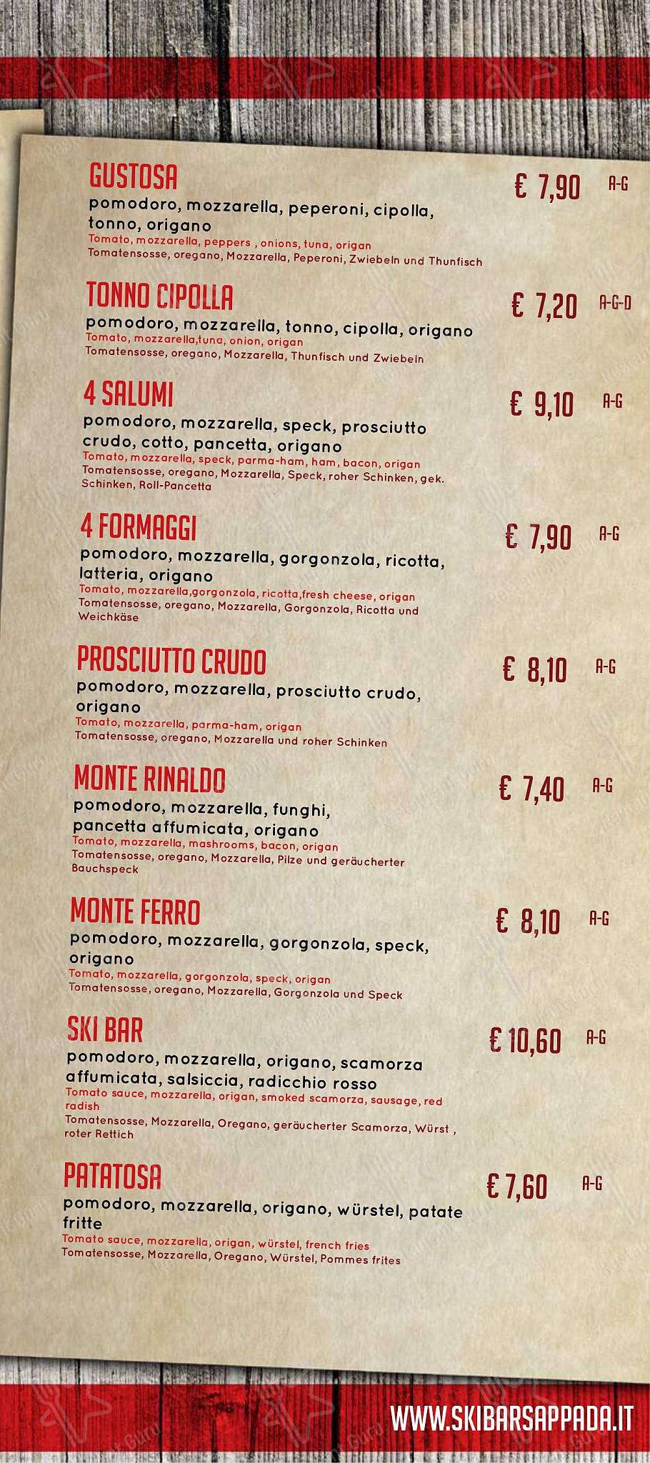 Menu di SKIBAR SAPPADA RISTORANTE PIZZERIA HAMBURGERIA GOURMET asporto - Takeaway Menu