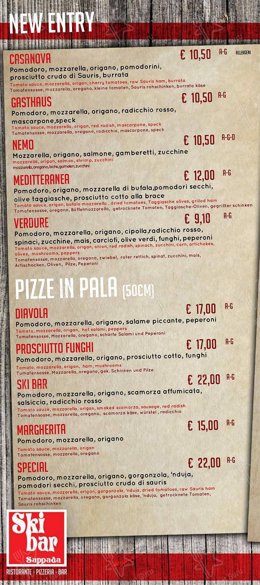 Takeaway Menu per SKIBAR SAPPADA RISTORANTE PIZZERIA HAMBURGERIA GOURMET asporto ristorante