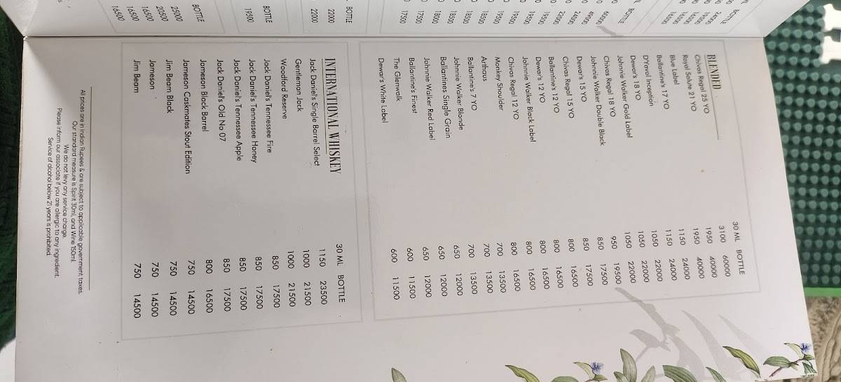 Sky Bar menu