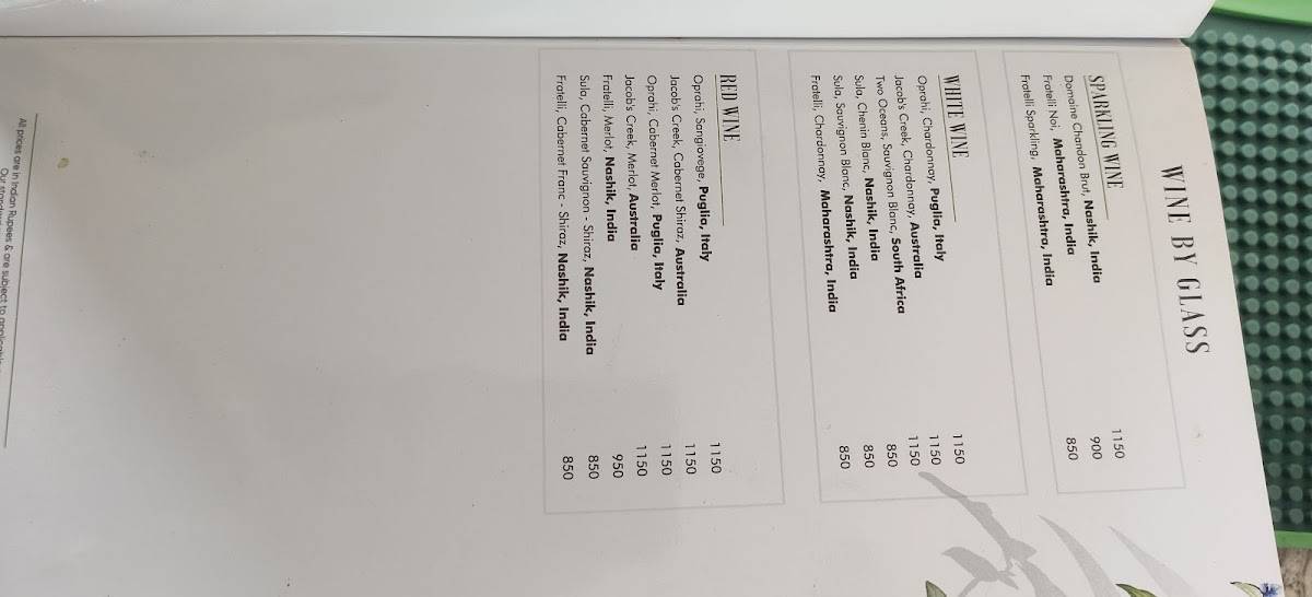Sky Bar menu